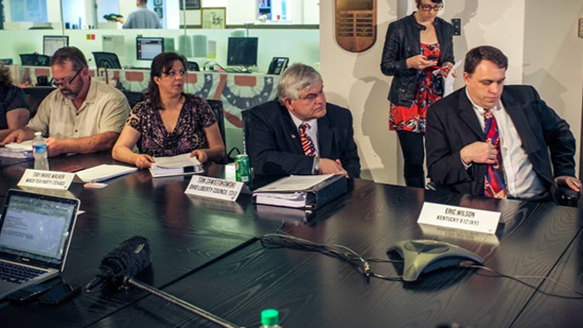May 16, 2013: From left to right, Jay Devereaux, president of Florida 9/12; Toby Marie Walker, Waco Tea Party president; Tom Zawistowski, former president of the Ohio Liberty Coalition; and Eric Wilson, of Kentucky 9/12, participate in a discussion at FreedomWorks headquarters in Washington, D.C.