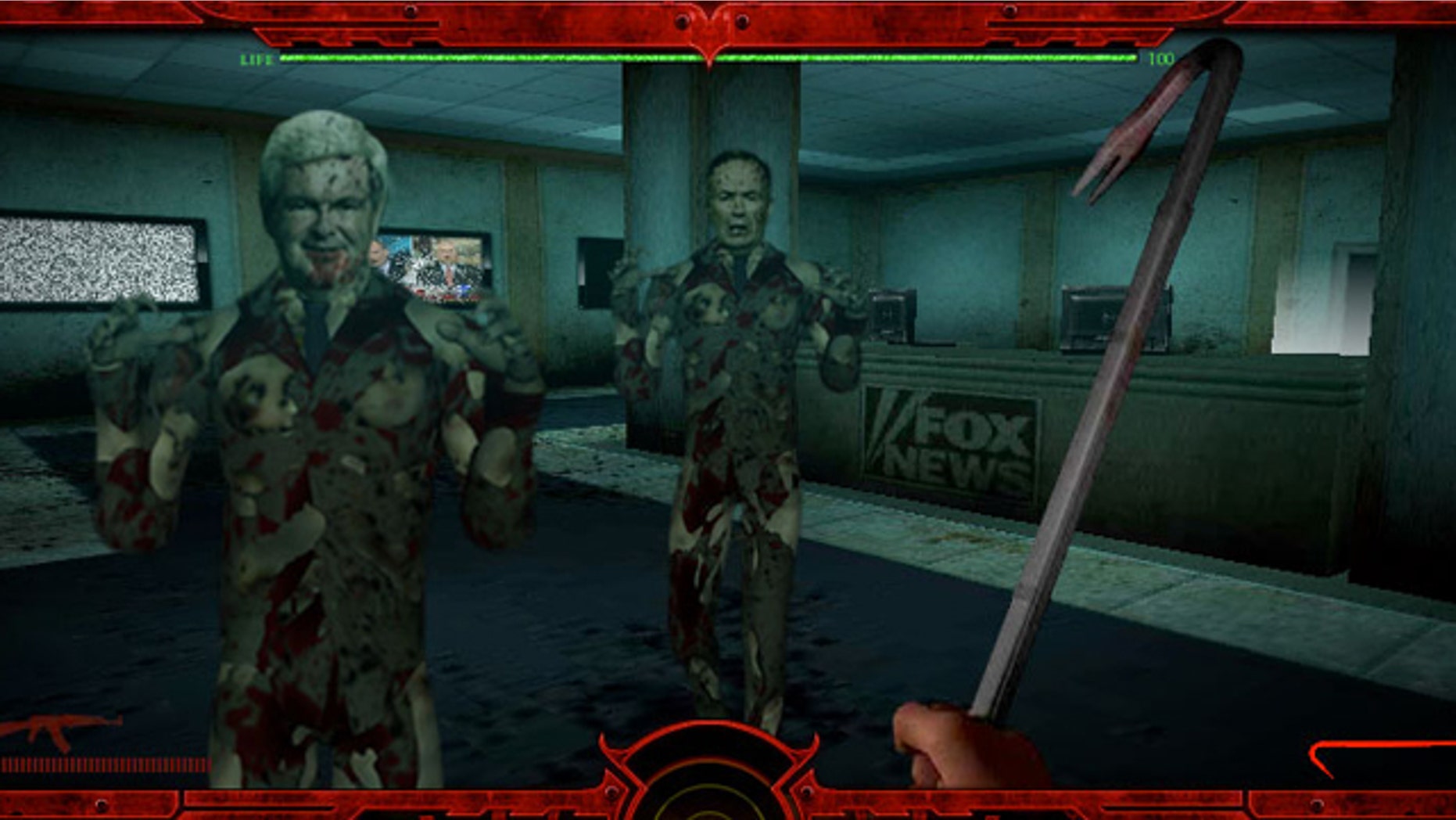 A screengrab of "Tea Party Zombies Must Die" depicts former U.S. Speaker of the House Newt Gingrich, left, and Fox News' Bill O'Reilly. The game is billed as "first-person shooter" featuring multiple firearms and a crowbar.