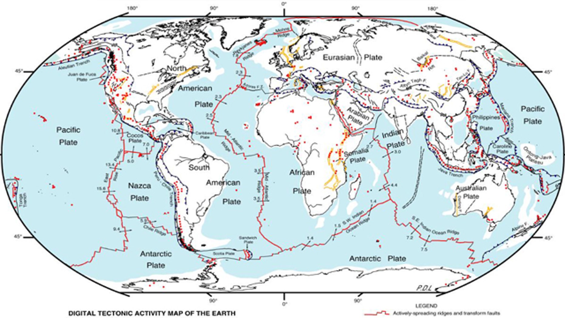 A map of world tectonic activity. Red lines are plate boundaries, arrows indicate spread rate and direction, red dots are active volcanic centers and yellow lines indicate faults or rifts.