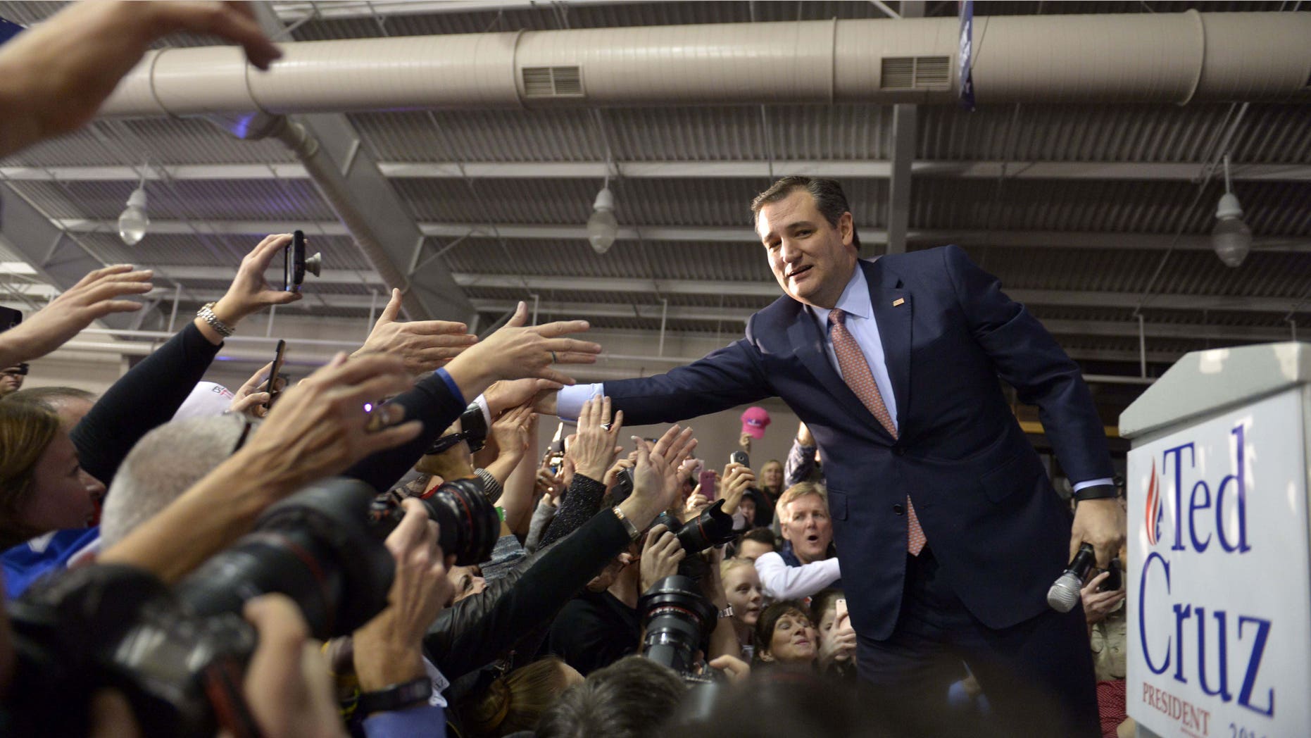 IOWA, Feb. 1, 2016 -- Republican presidential candidate Ted Cruz celebrates with supporters in Des Moines, capital of Iowa, the United States, Feb. 1, 2016. U.S. Texas Senator Ted Cruz on Monday won Iowa Republican caucuses with a comfortable lead over billionaire developer Donald Trump despite the latter's dominance in the Republican field over the past six months. (Xinhua/Yin Bogu via Getty Images)
