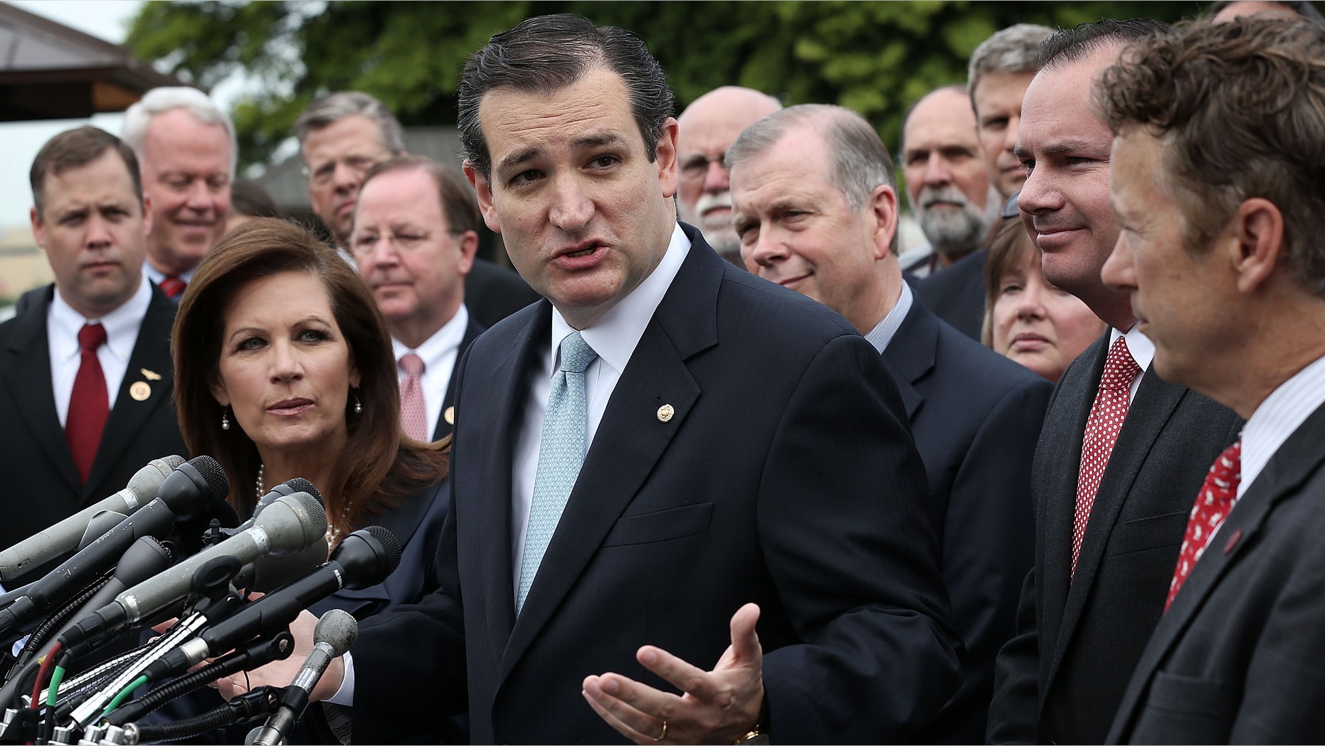 U.S. Sen. Ted Cruz speaks with congressional members to discuss the IRS scandal of targeting the Tea Party.