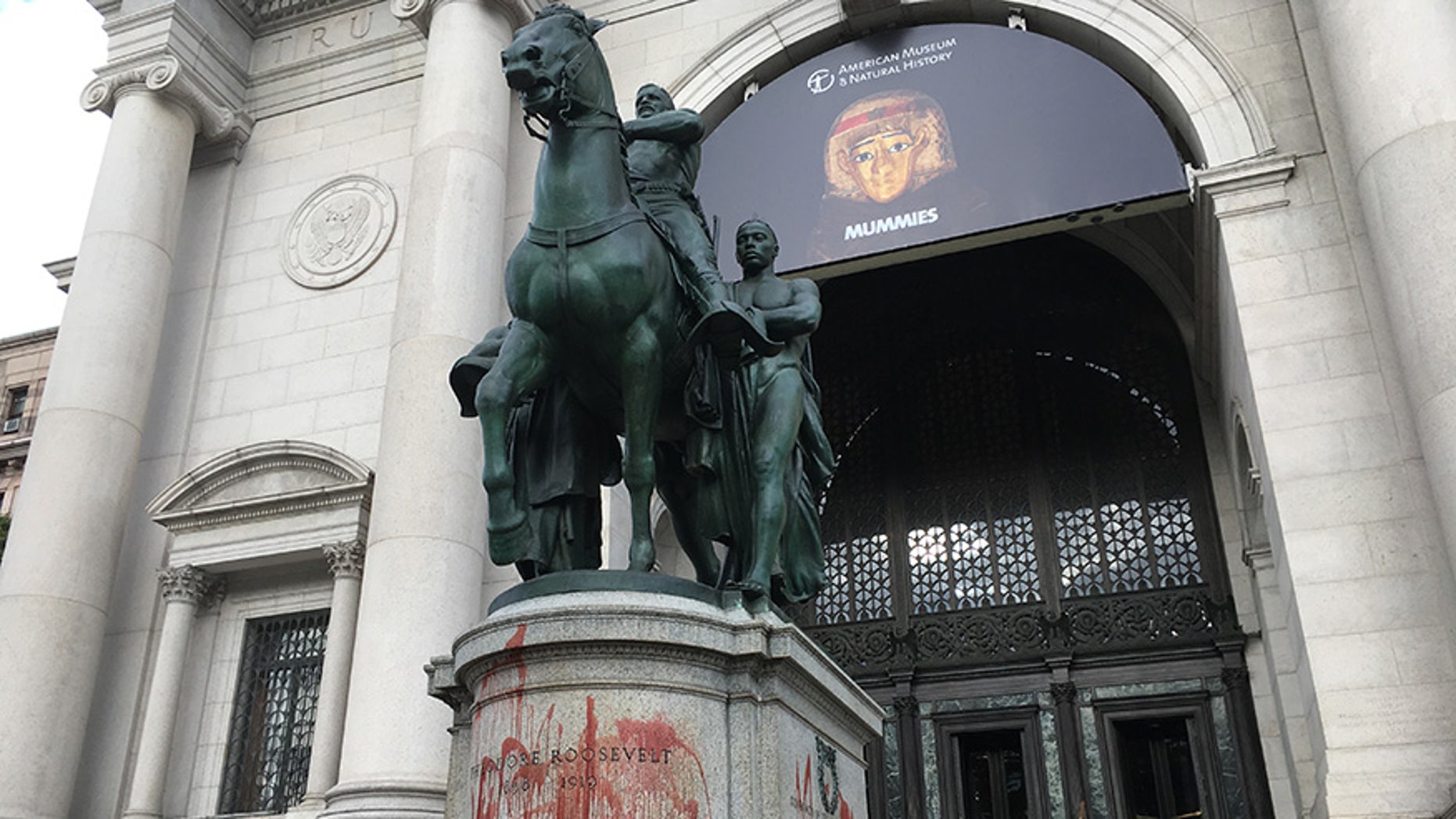 The Theodore Roosevelt statue at the American Natural History Museum was defaced with a red liquid.