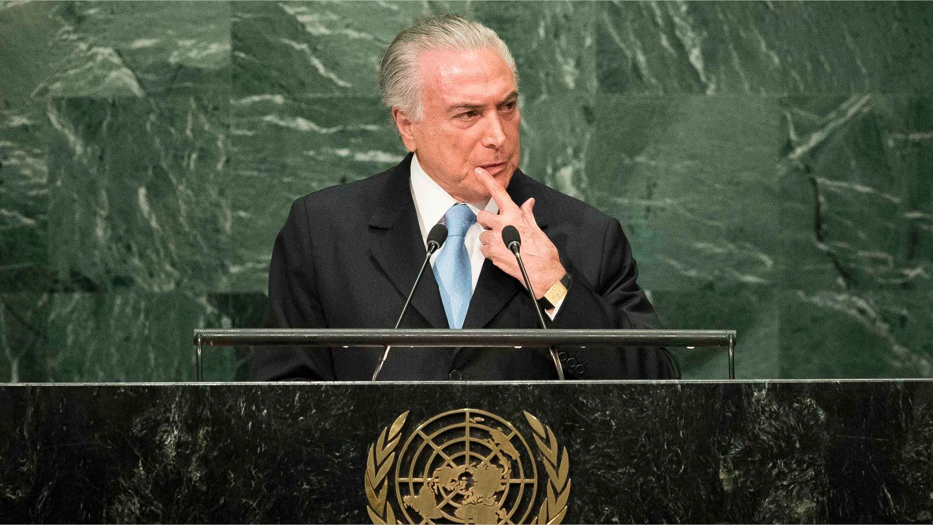 NEW YORK, NEW YORK - SEPTEMBER 20: President of Brazil Michel Temer addresses the United Nations General Assembly at UN headquarters, September 20, 2016 in New York City. According to the UN Secretary-General Ban ki-Moon, the most pressing matter to be discussed at the General Assembly is the world's refugee crisis. (Photo by Drew Angerer/Getty Images)