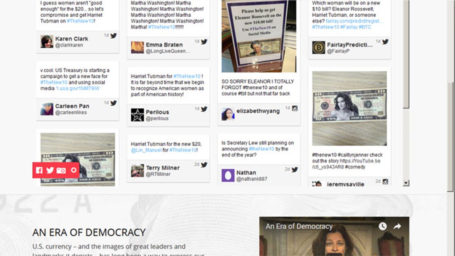 File: A screen-shot of comments on the Treasury Dept's 'New 10' webpage, about the new $10 bill. (Treasury.gov)