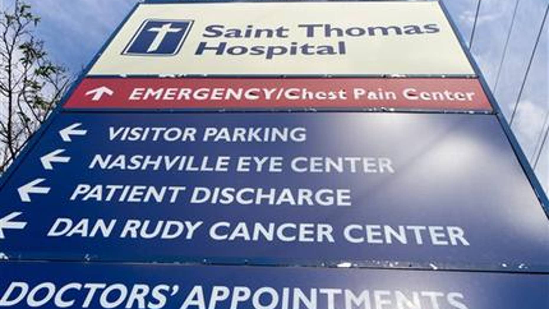 A sign marks an entrance to Saint Thomas Hospital medical campus in Nashville, Tenn., on Wednesday, Oct. 3, 2012. An outbreak of a rare and deadly form of meningitis that has sickened more than two dozen people was first detected among patients treated at the Saint Thomas Outpatient Neurosurgery Center in the complex. (AP Photo/Erik Schelzig)