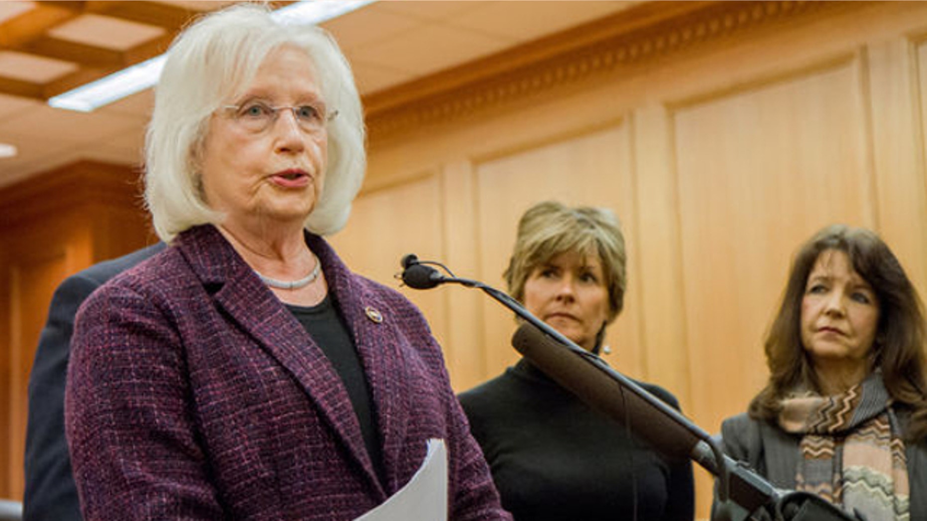 Jan. 15, 2014: Republican Sen. Mae Beavers of Mt. Juliet, left, speaks at a press conference in Nashville, Tenn., about her bill seeking to ban state participation in the federal health care law. To her right are state Republican Reps.Terri Lynn Weaver of Lancaster and Sheila Butt of Columbia.