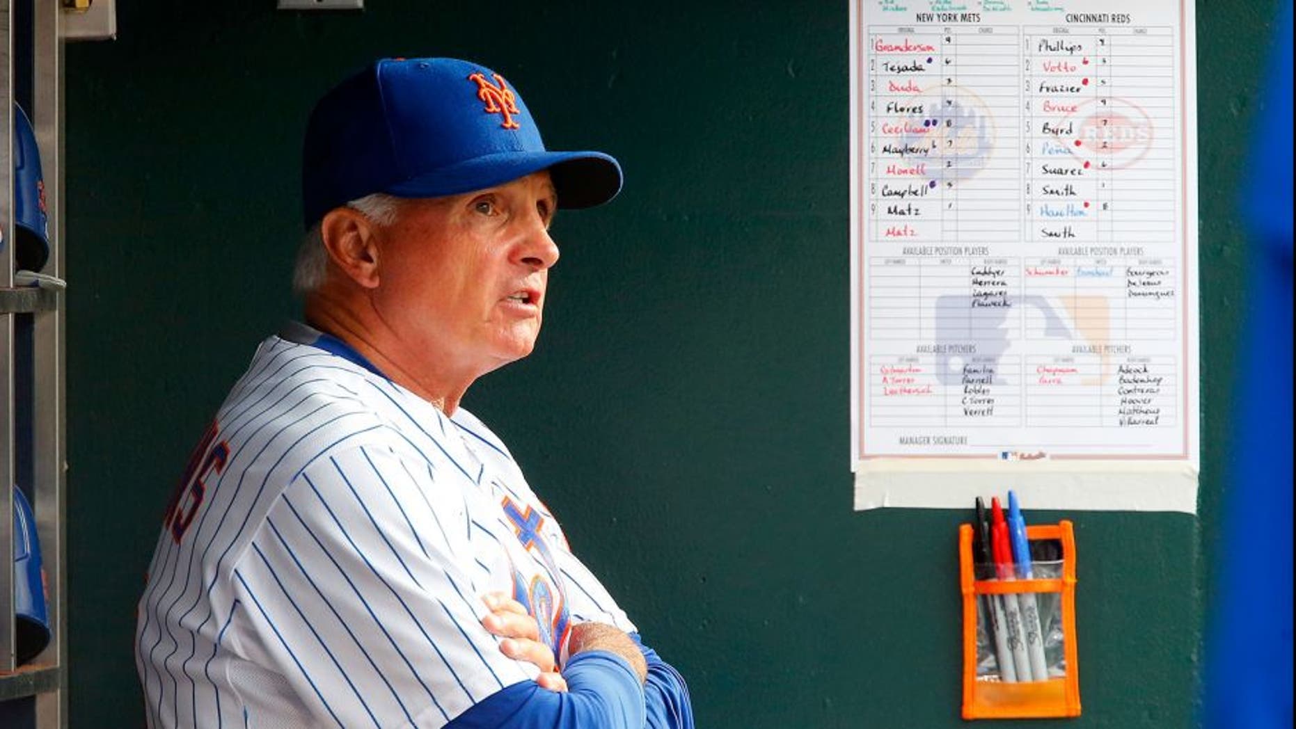 NEW YORK, NY - JUNE 28: Manager Terry Collins #10 of the New York Mets looks on against the Cincinnati Reds at Citi Field on June 28, 2015 in the Flushing neighborhood of the Queens borough of New York City. The Mets defeated the Red 7-2. (Photo by Jim McIsaac/Getty Images)