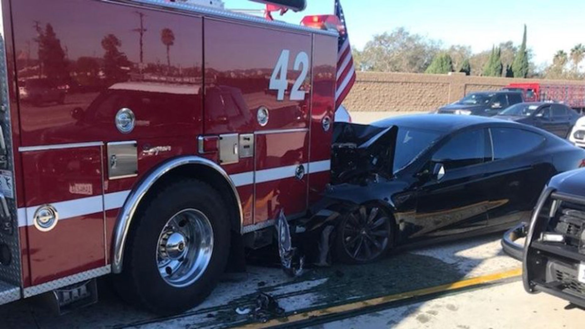 A Tesla rear-ended a fire truck parked to respond to an accident on I-405
in Culver City, Calif. on Jan. 22, 2018, according to the Culver City Fire
Department and California Highway Patrol. (Culver City Firefighters Local
1927)