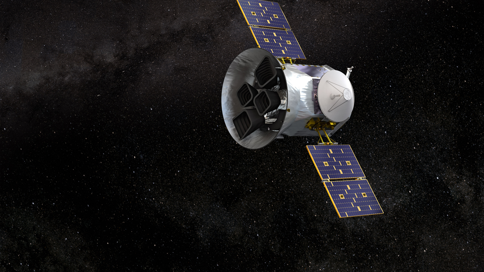 An artist's depiction of the TESS spacecraft in orbit around Earth.