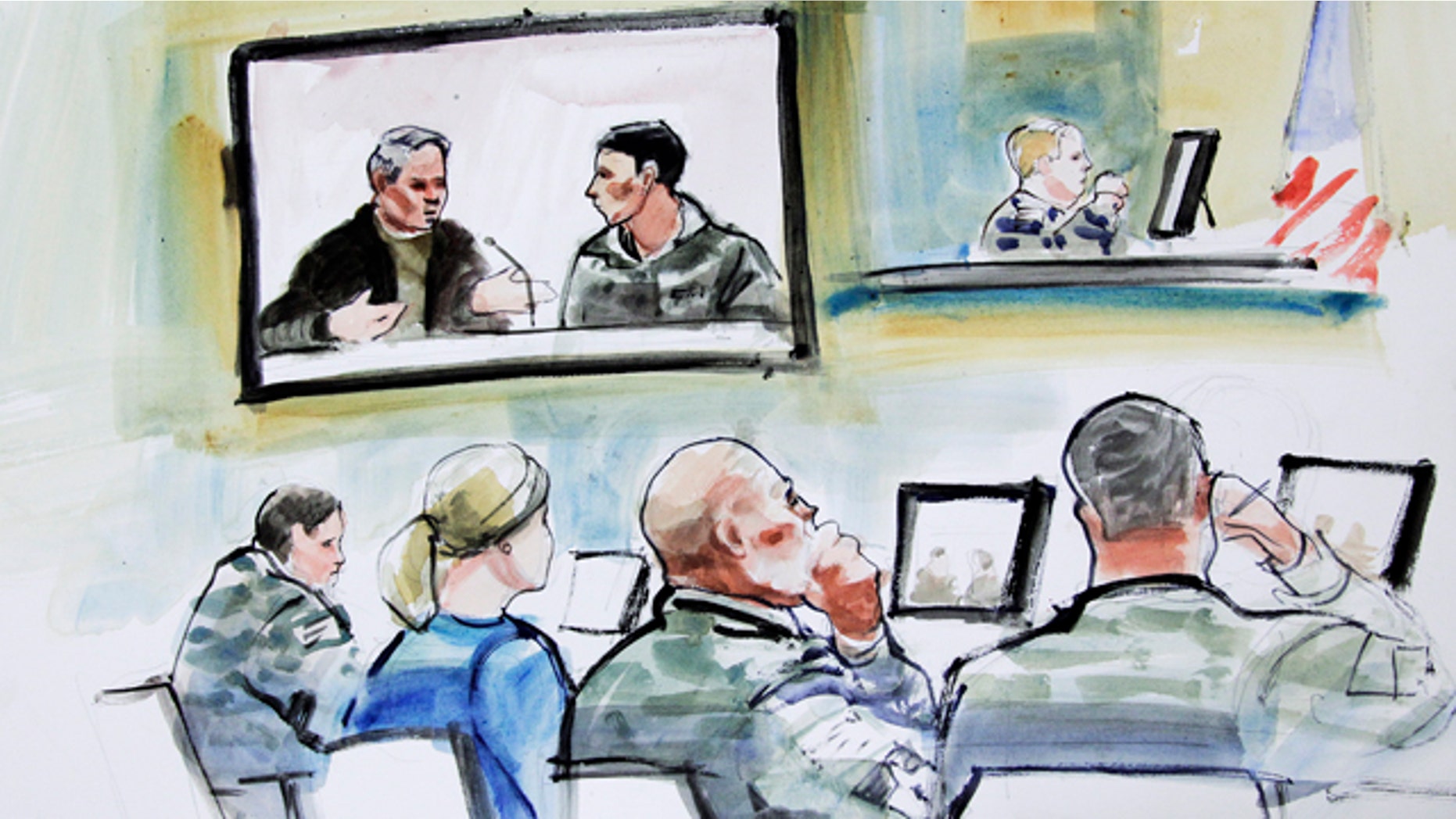 Nov. 9, 2012: In this courtroom sketch, a guard with the Afghan National Army named Nematullah is shown on the right-hand side of a video monitor as he testifies from Afghanistan in the military preliminary hearing of U.S. Army Staff Sgt. Robert Bales in a military courtroom in Washington state.