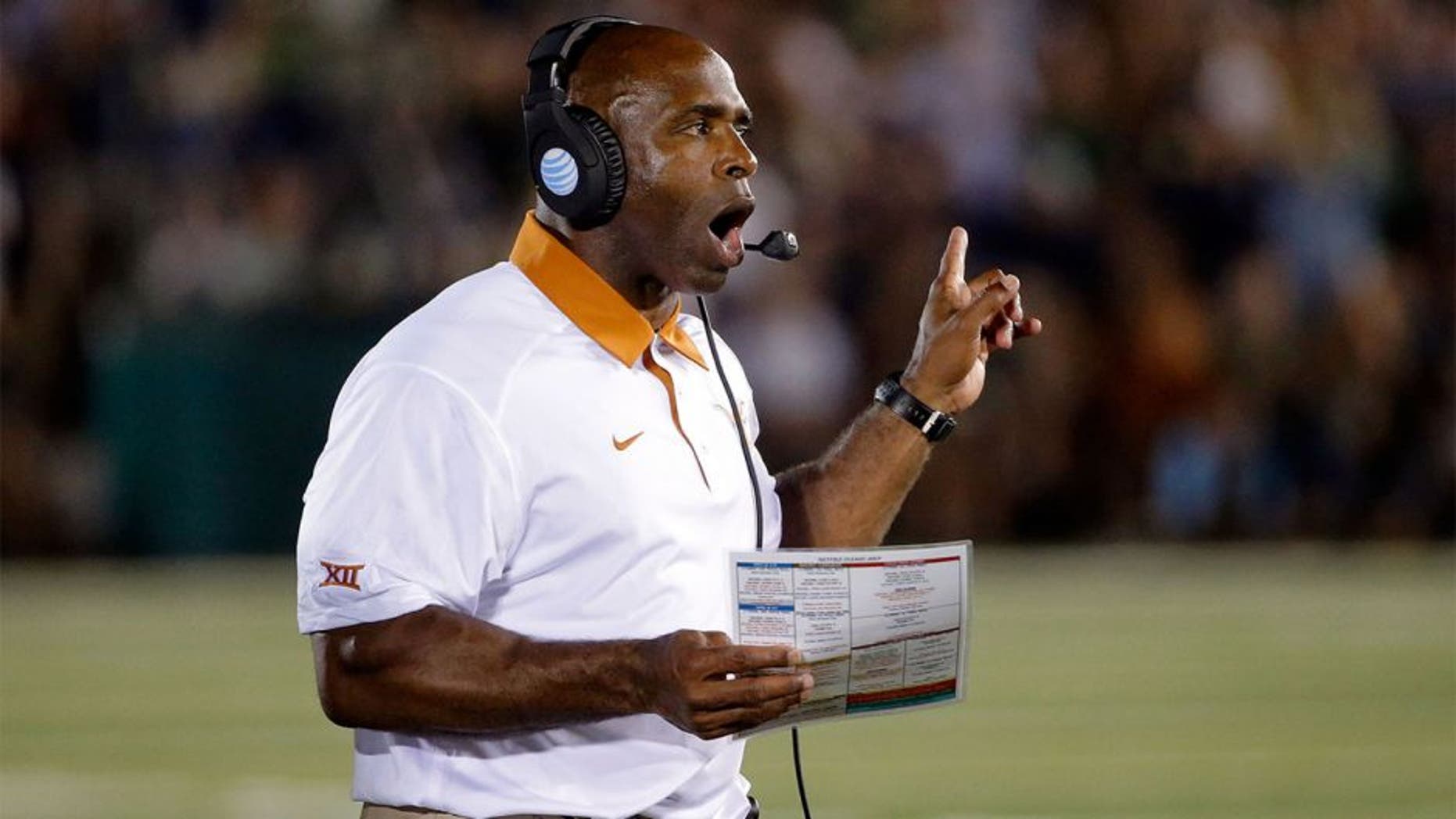 SOUTH BEND, IN - SEPTEMBER 05: Head coach Charlie Strong of the Texas Longhorns on the sidelines during the game against the Notre Dame Fighting Irish at Notre Dame Stadium on September 5, 2015 in South Bend, Indiana. (Photo by Jon Durr/Getty Images)