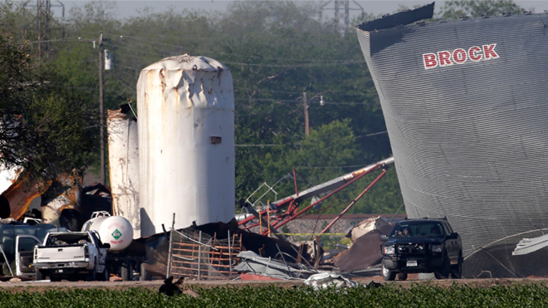 April 20, 2013: Law enforcement personnel patrol the scene three days after an explosion at a fertilizer plant in West, Texas. The massive explosion at the West Fertilizer Co. Wednesday night killed at least 14 people and injured more than 160.