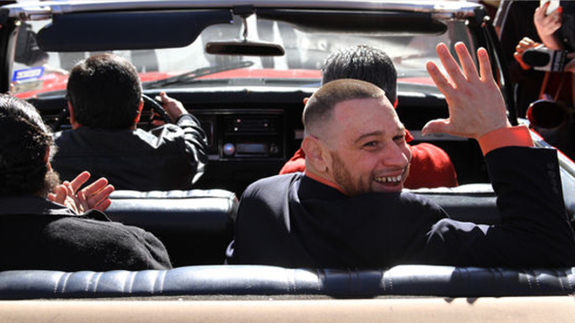 Jan. 14, 2014: Daniel Villegas waves as he leaves county jail in El Paso, Texas. Villegas, convicted in 1995 for the murder of two teens, was released on bond after a court of appeals ruled his defense was inefficient during the 1995 trial.
