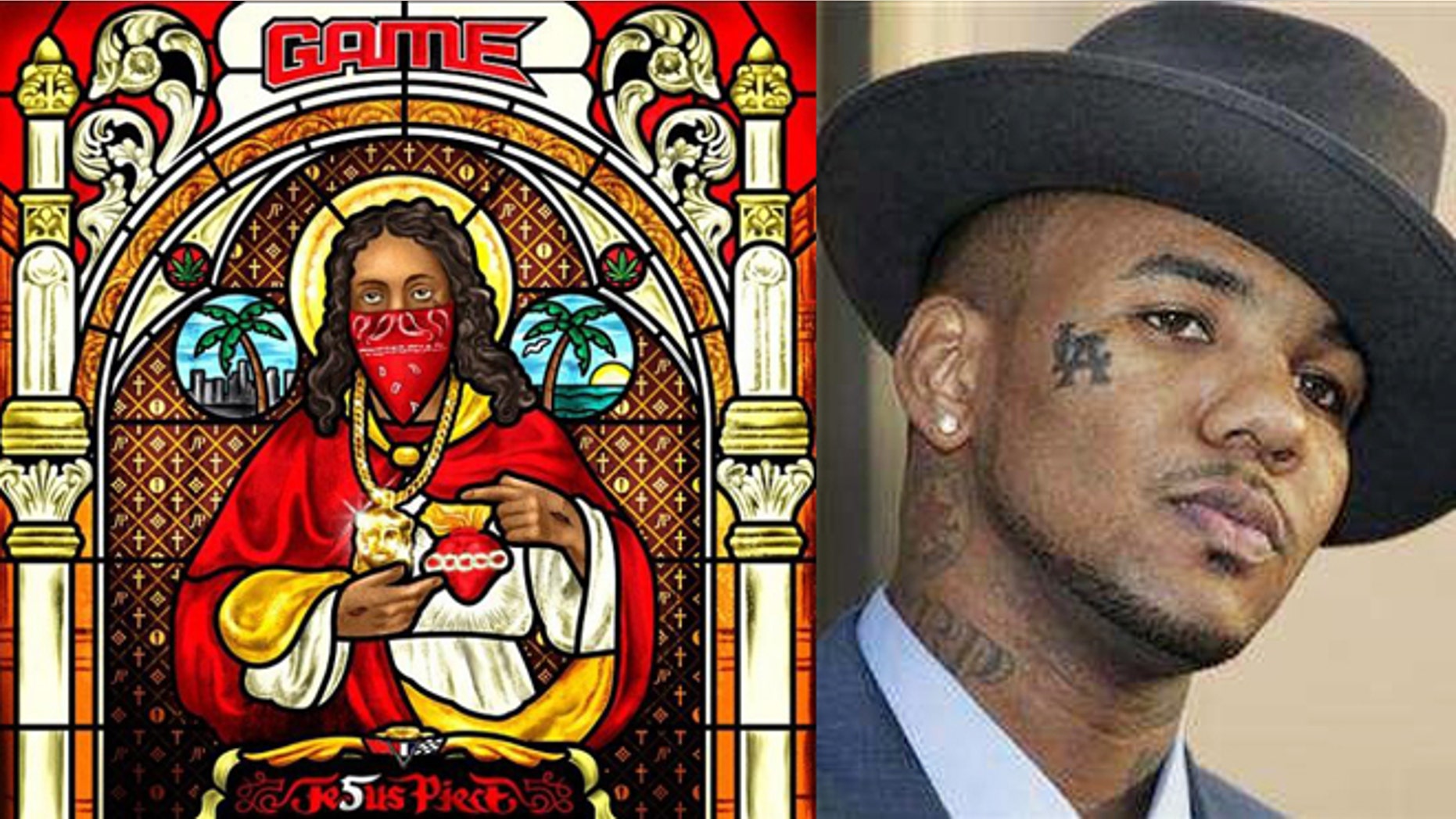 Rapper The Game and the cover of his new CD 'Jesus Piece.'