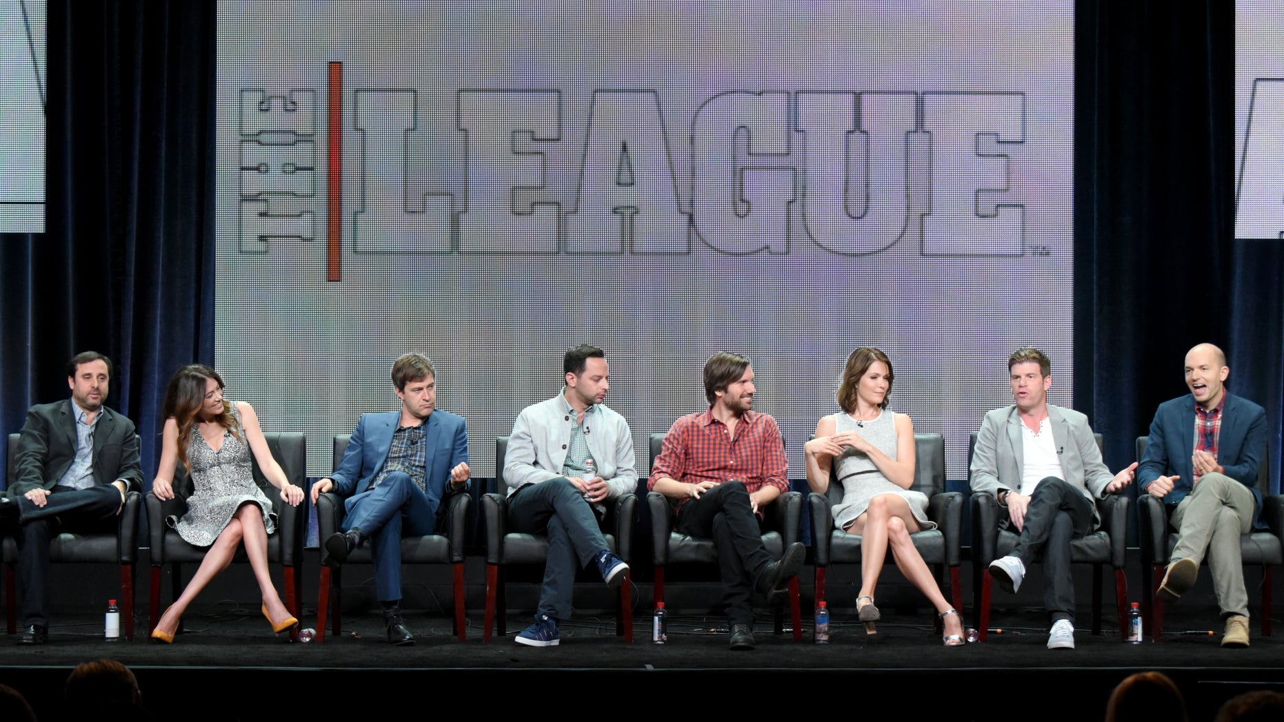 Co-Creators/Executive Producers/Writers/Directors, from left, Jeff Schaffer, and Jackie Schaffer, and actors Mark Duplass, Nick Kroll, Jon Lajoie, Katie Aselton, Stephen Rannazzisi and Paul Scheer participate in "The League" panel at the FX Summer TCA Tour at the Beverly Hilton Hotel on Friday, Aug. 7, 2015, in Beverly Hills, Calif. (Photo by Richard Shotwell/Invision/AP)