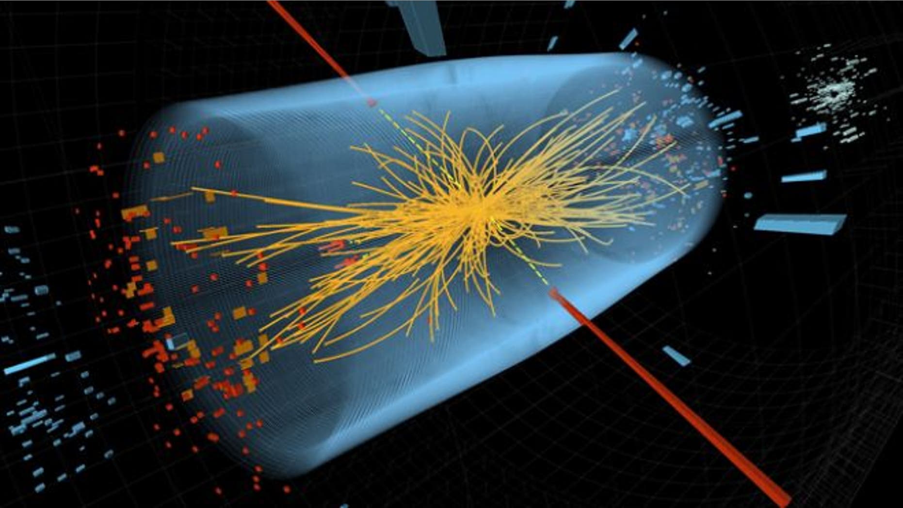 Dec. 10, 2011: Two high-energy photons shown as red towers are smashed together in the LHC. The yellow lines are the measured tracks of other particles produced in the collision -- possible evidence in the hunt for the Higgs Boson.
Read more: http://www.foxnews.com/scitech/2011/12/13/search-closes-in-on-elusive-higgs-particle/#ixzz1oRVvyJhr