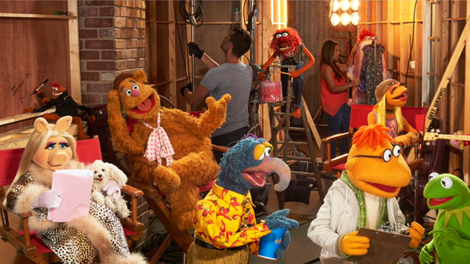 Sept. 22, 2015: In this image released by ABC, muppet characters, from left, Miss Piggy, Pepe The King Prawn, Fozzie Bear, Gonzo, Animal, background center, Scooter, Janice, Kermit the Frog and Floyd Pepper appear in a scene from "The Muppets."