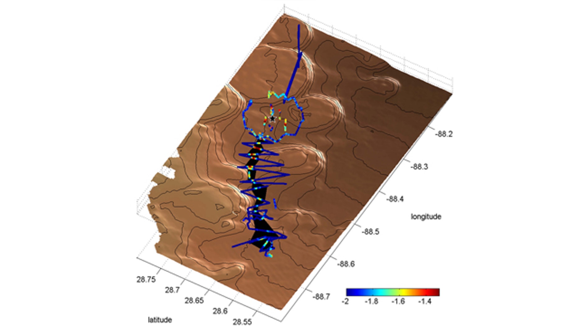 Based on measurements taken in June, scientists have recreated the shape and distribution of oil in a massive plume in the Gulf of Mexico -- evidence the spill may not vanish as quickly as hoped. Blue indicates low methane concentrations, red high.