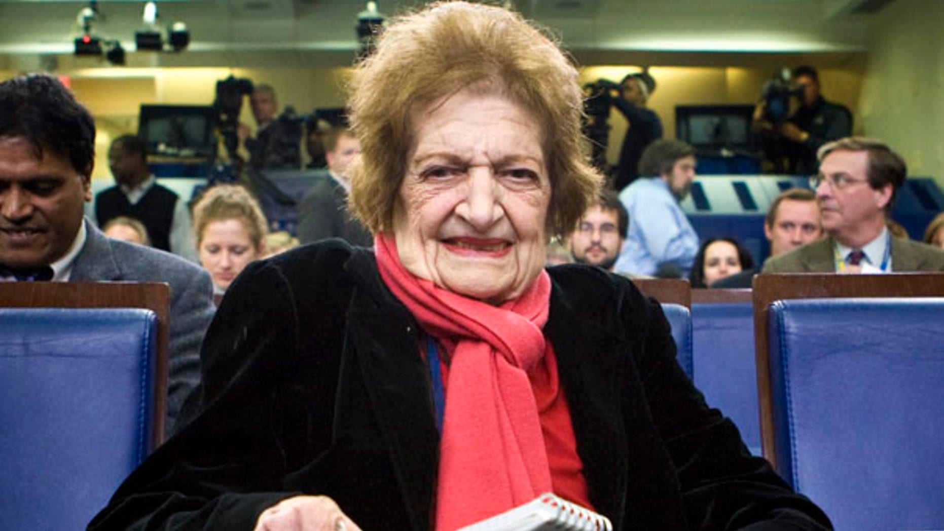 Hearst columnist Helen Thomas, the former dean of the White House Press Corps, in the White House briefing room.