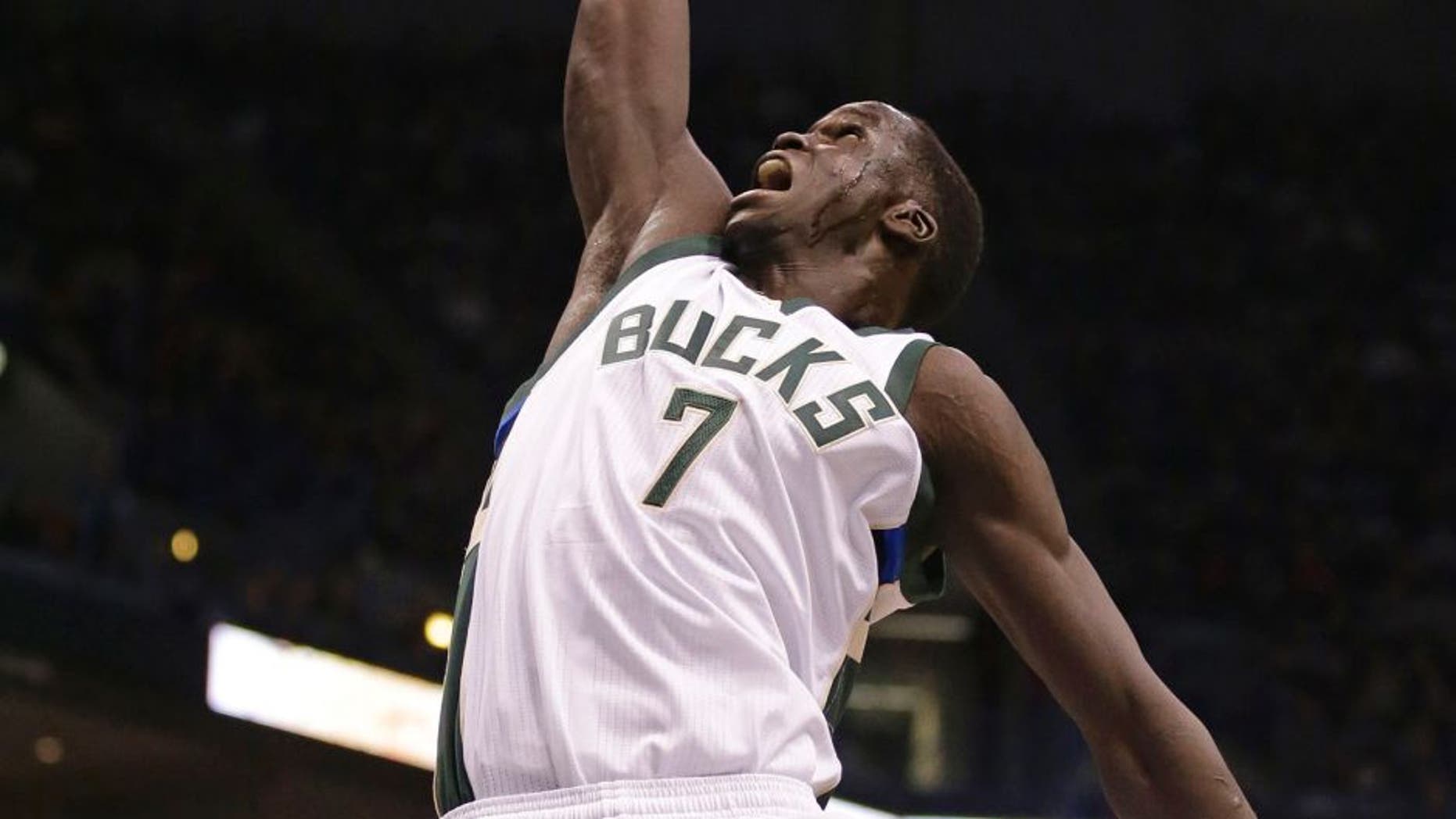 Milwaukee Bucks' Thon Maker goes up for a rebound against the Boston Celtics during the second half of an NBA basketball game Saturday, Jan. 28, 2017, in Milwaukee. (AP Photo/Jeffrey Phelps)
