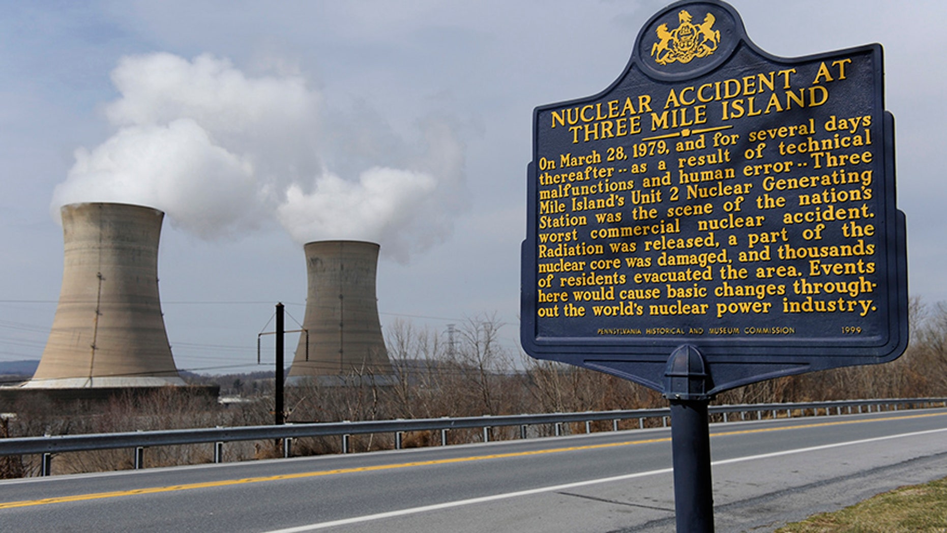 A sign marks the Three Mile Island nuclear power plant, where the U.S. suffered its most serious nuclear accident in 1979, in Middletown, Pennsylvania.