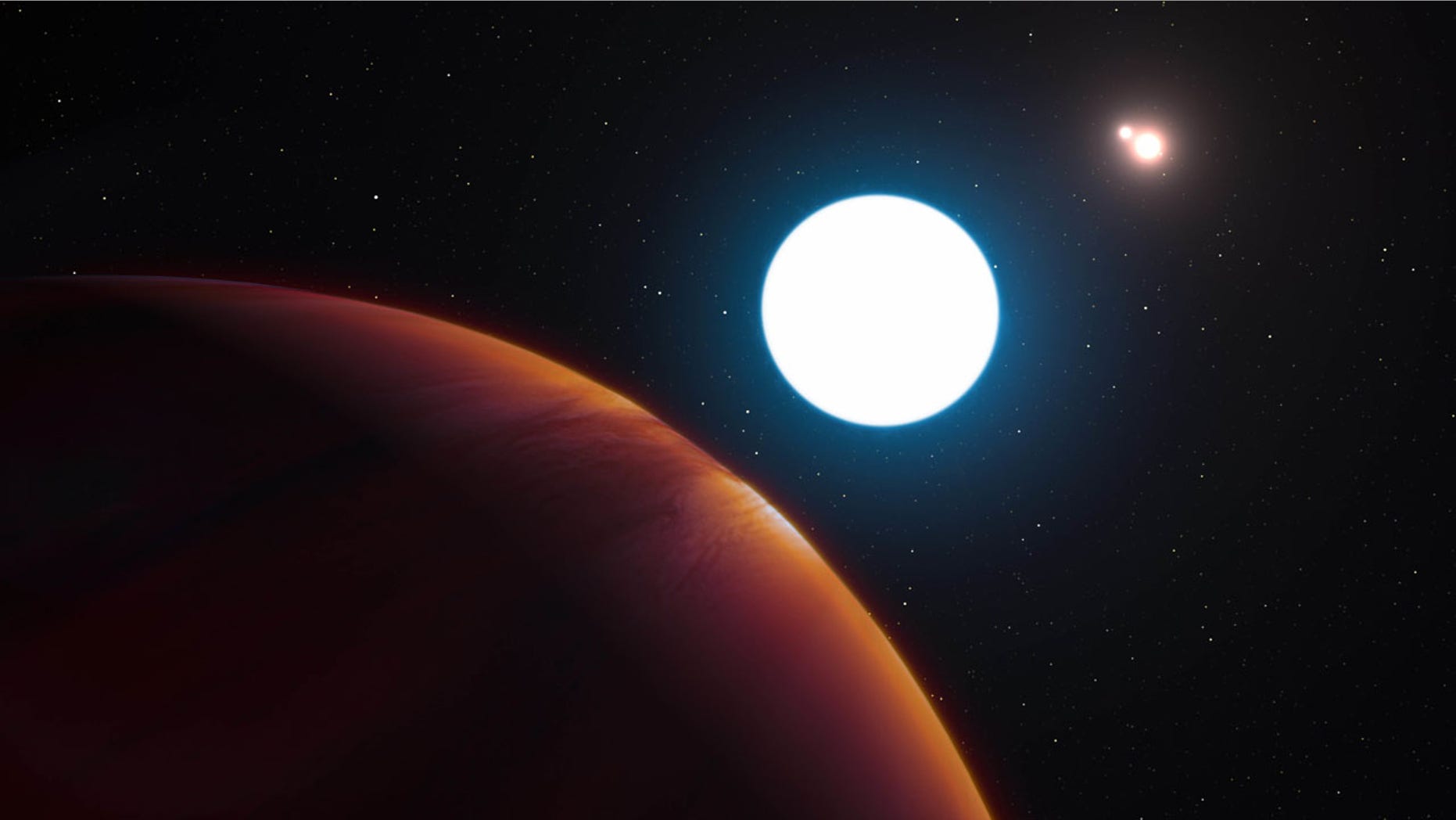 This image provided by the European Southern Observatory shows an artist's impression of the triple star system HD 131399 from close to the gas giant planet orbiting in the system. A University of Arizona-led team used an ESO telescope in Chile to find the system 320 light years away. The astronomers revealed their findings Thursday, July 7, 2016. (L. Calçada/ESO via AP)