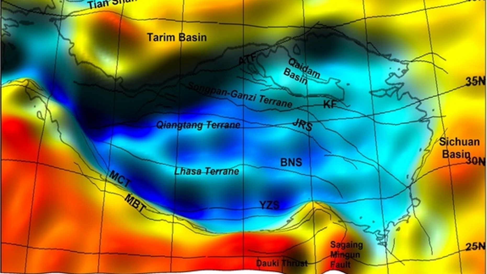 This shaded relief map shows the rock deep beneath the Tibetan Plateau, with colors indicating kilometers below Earth's surface.