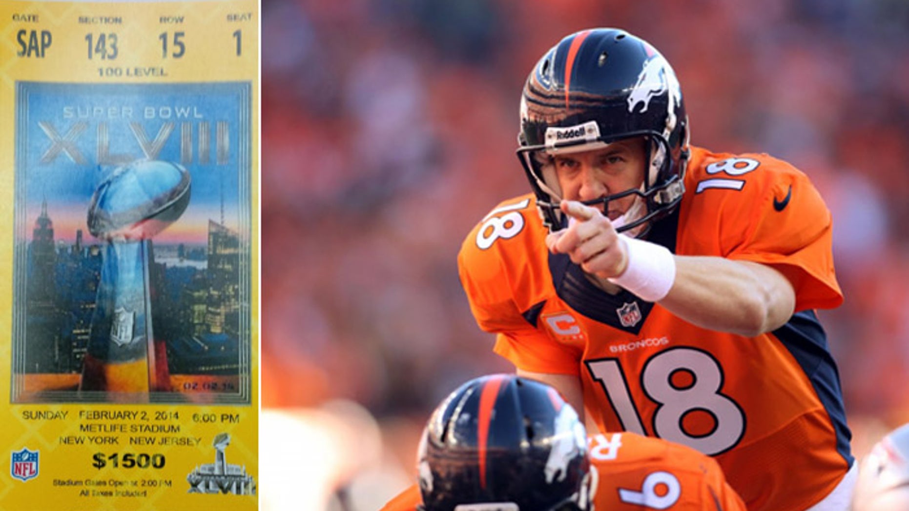 The ticket is fake, but its bar code is real enough to get a fan inside MetLife Stadium to see Peyton Manning lead the Broncos against the Seahawks in the Super Bowl. (AP)