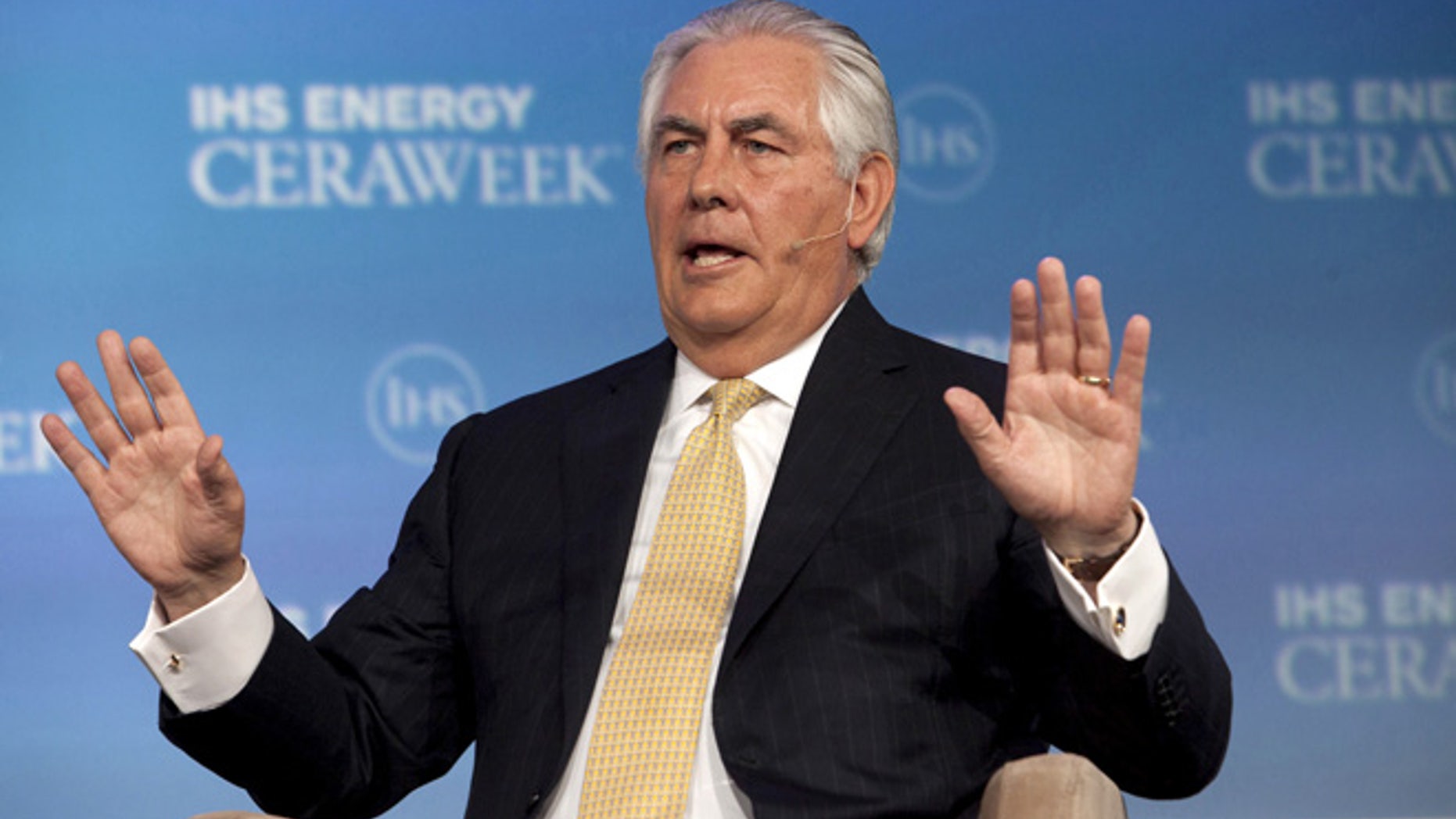 FILE -- ExxonMobil Chairman and CEO Rex Tillerson speaks during the IHS CERAWeek 2015 energy conference in Houston, Texas April 21, 2015.