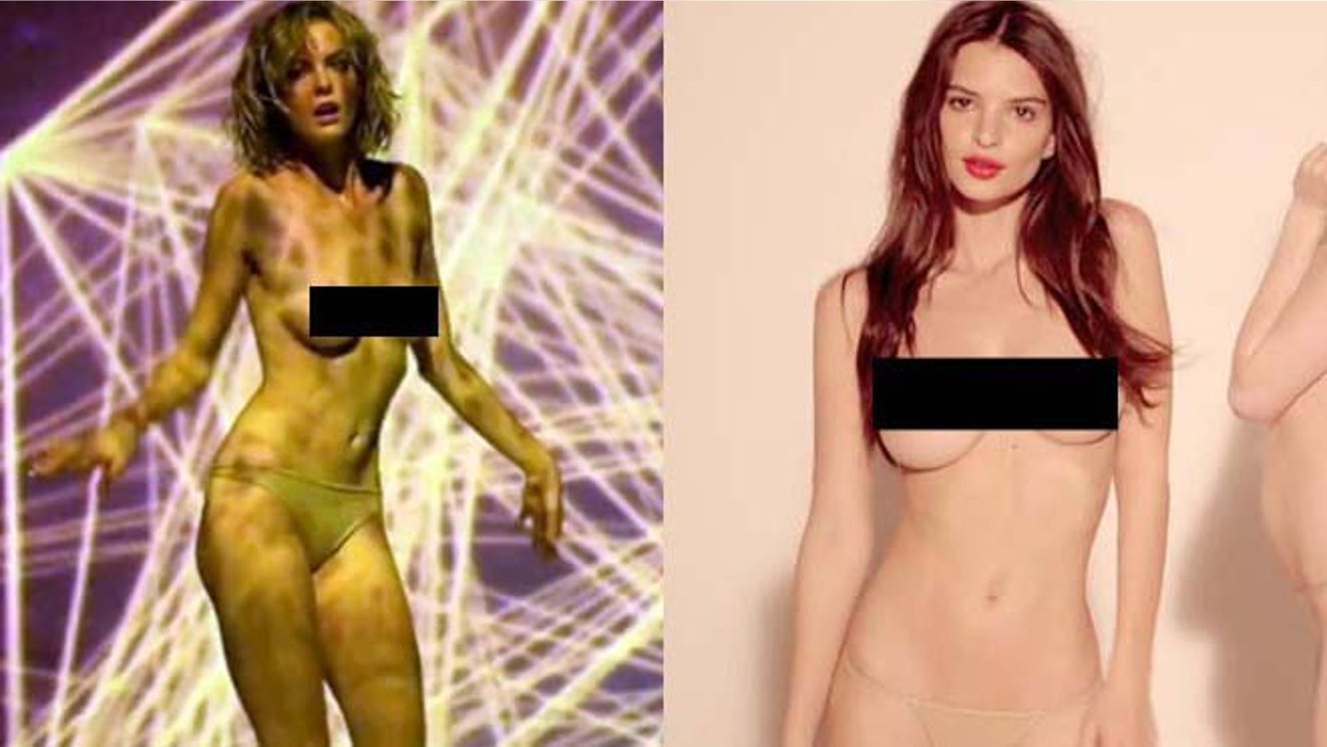 According to YouTube, Just Timberlake's video with nude models (left) is art while Robin Thicke's (right) is not.