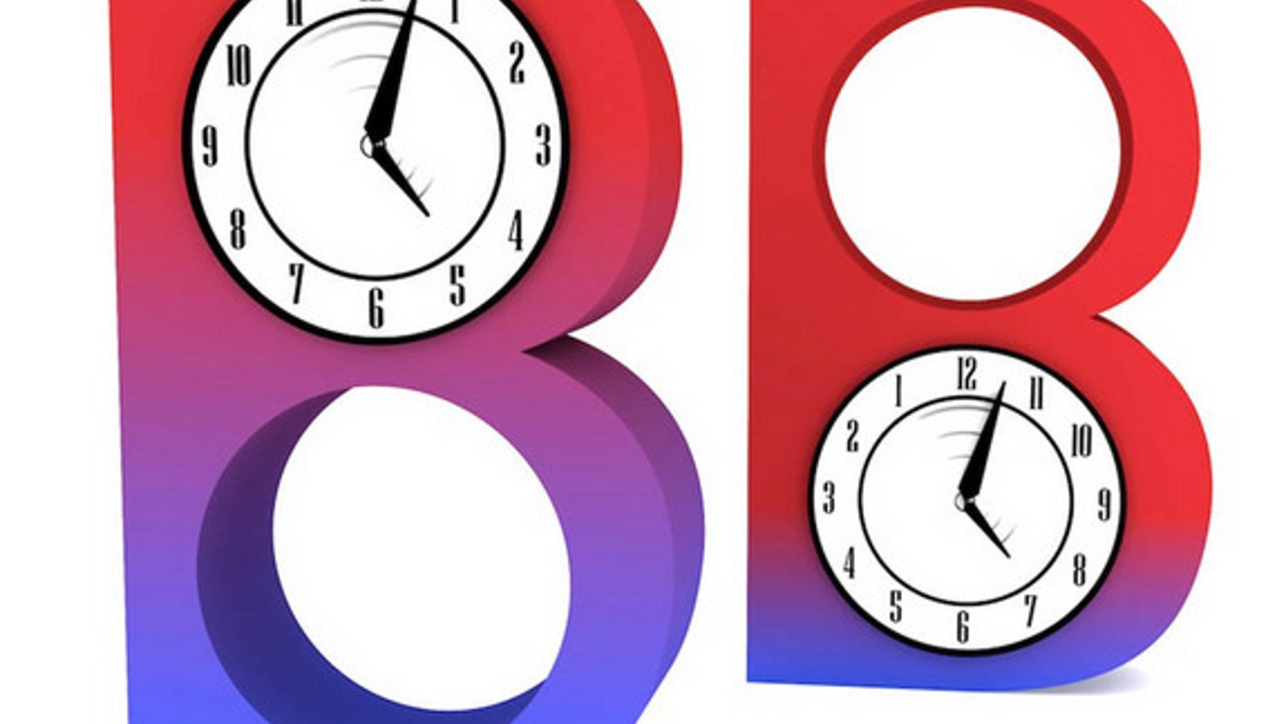 In this illustration, two different B mesons are changing between states (represented as colors); however blue-B changes into red-B more quickly than red-B changes into blue-B (a process running in reverse-time, as shown by the backwards clock