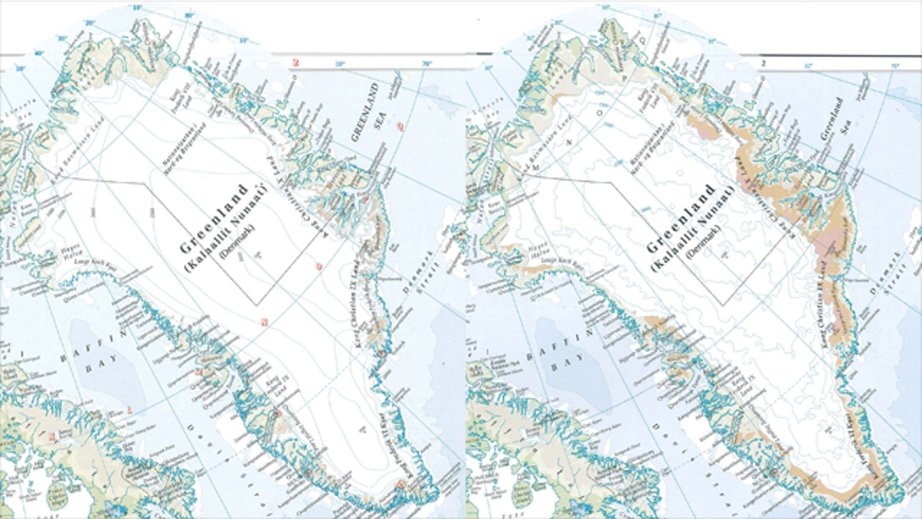 The latest "Times Comprehensive Atlas of the World" shows Greenland with 15 percent less ice cover between 1999 (left) and 2011 (right).