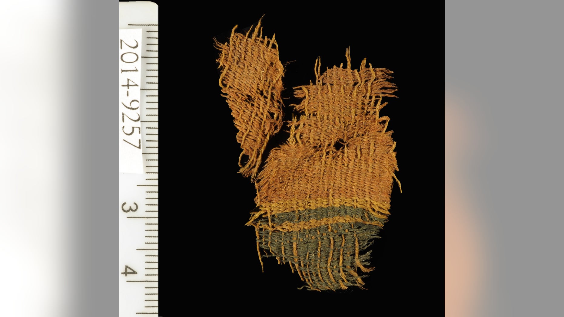 Fine wool textile dyed red and blue. The textile used the varying colors of natural animal hair to create black and orange-brown colors for decorative bands. (Clara Amit, courtesy of the Israel Antiquities Authority)