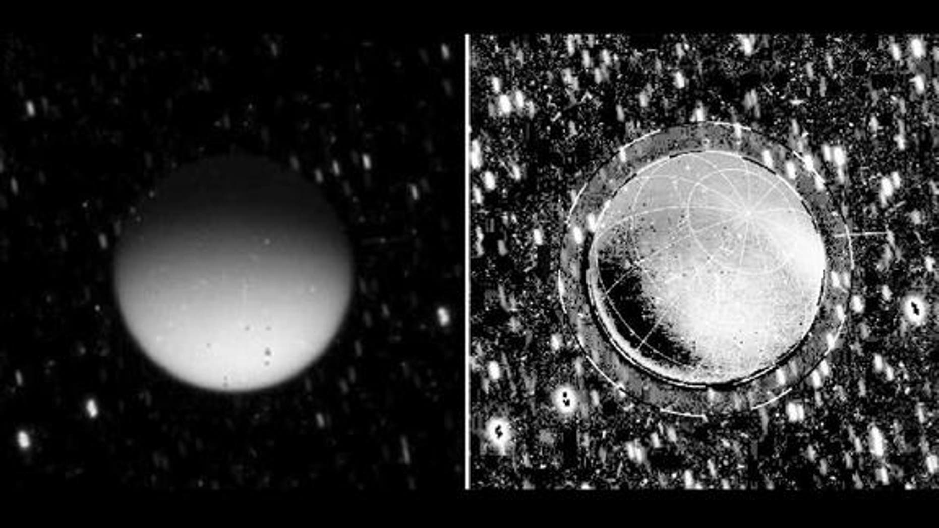 These images from NASA's Cassini spacecraft show Saturn's moon Titan glowing in the dark while in the planet's shadow. At left is a calibrated but unprocessed shot from Cassini's imaging camera. The image on the right was processed to exclude r