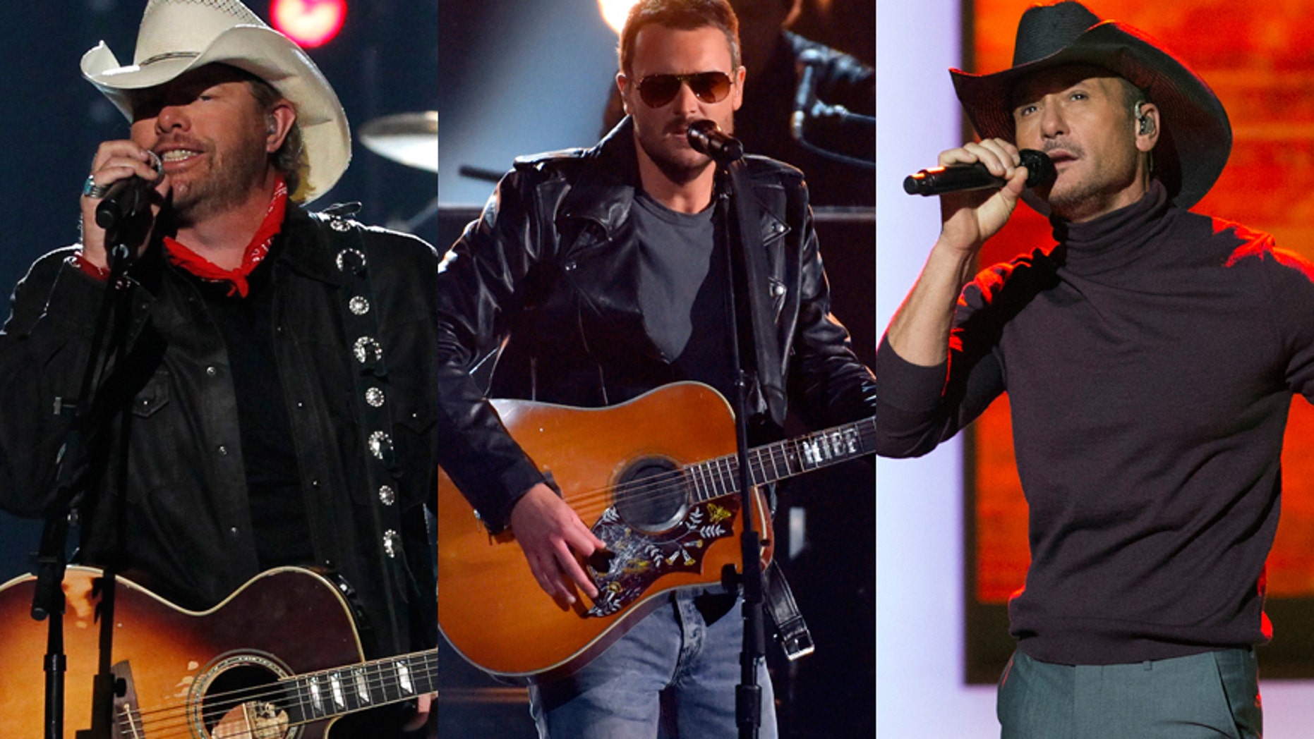 Country singers from l-r: Toby Keith, Eric Church and Tim McGraw.