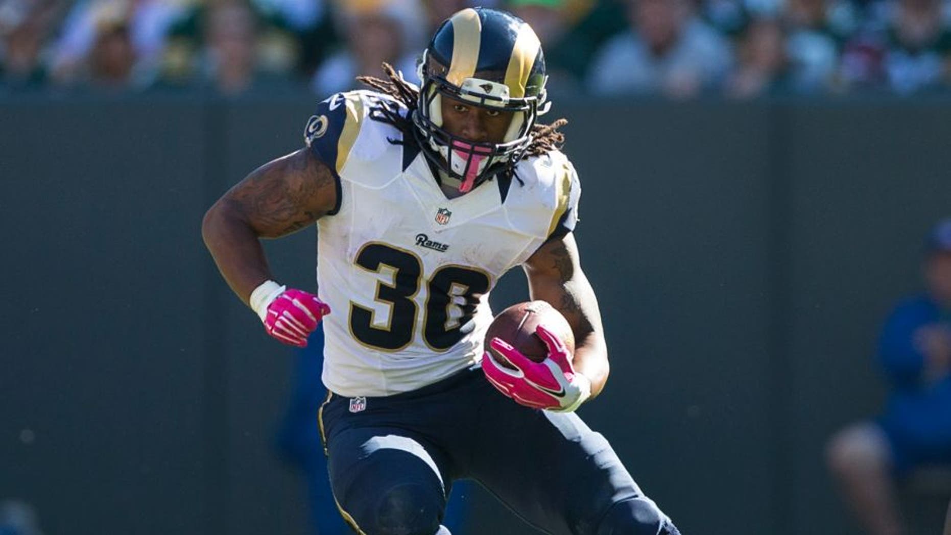 Oct 11, 2015; Green Bay, WI, USA; St. Louis Rams running back Todd Gurley (30) during the game against the Green Bay Packers at Lambeau Field. Green Bay won 24-10. Mandatory Credit: Jeff Hanisch-USA TODAY Sports