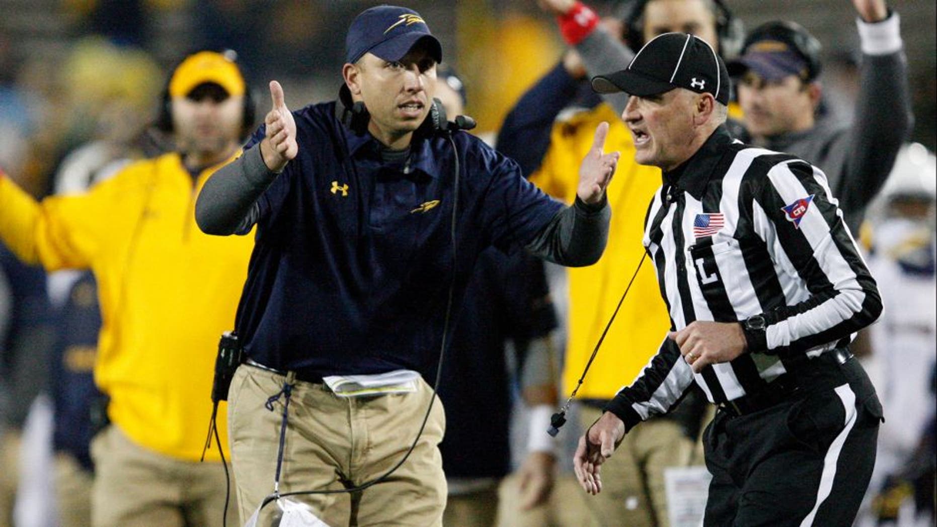 Nov 10, 2015; Mount Pleasant, MI, USA; Toledo Rockets head coach Matt Campbell looks to the ref during the fourth quarter against the Central Michigan Chippewas at Kelly/Shorts Stadium. Rockets win 28-23. Mandatory Credit: Raj Mehta-USA TODAY Sports