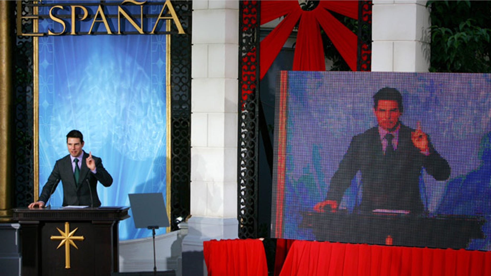 Tom Cruise gives a speech at the opening of a Scientology church in Spain in 2004.