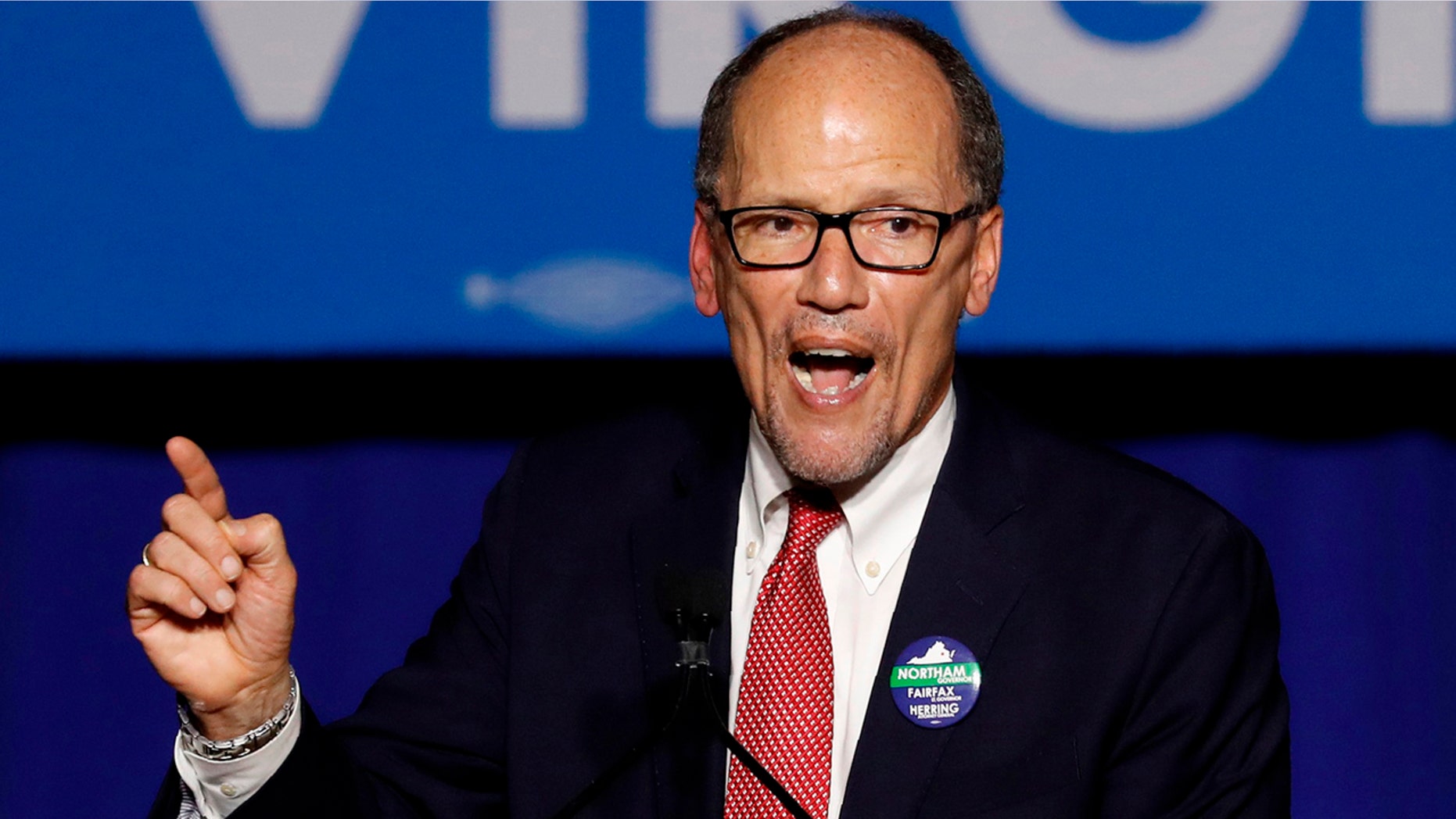 Democratic National Committee Chairman Tom Perez speaks at Ralph Northam's election night rally on the campus of George Mason University in Fairfax, Virginia, November 7, 2017.