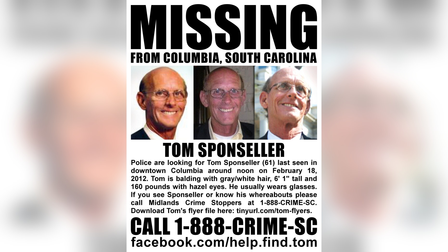 Sponseller, pictured here in a flyer distributed on a Facebook page set up for his search, was last seen at his office in downtown Columbia on Saturday.