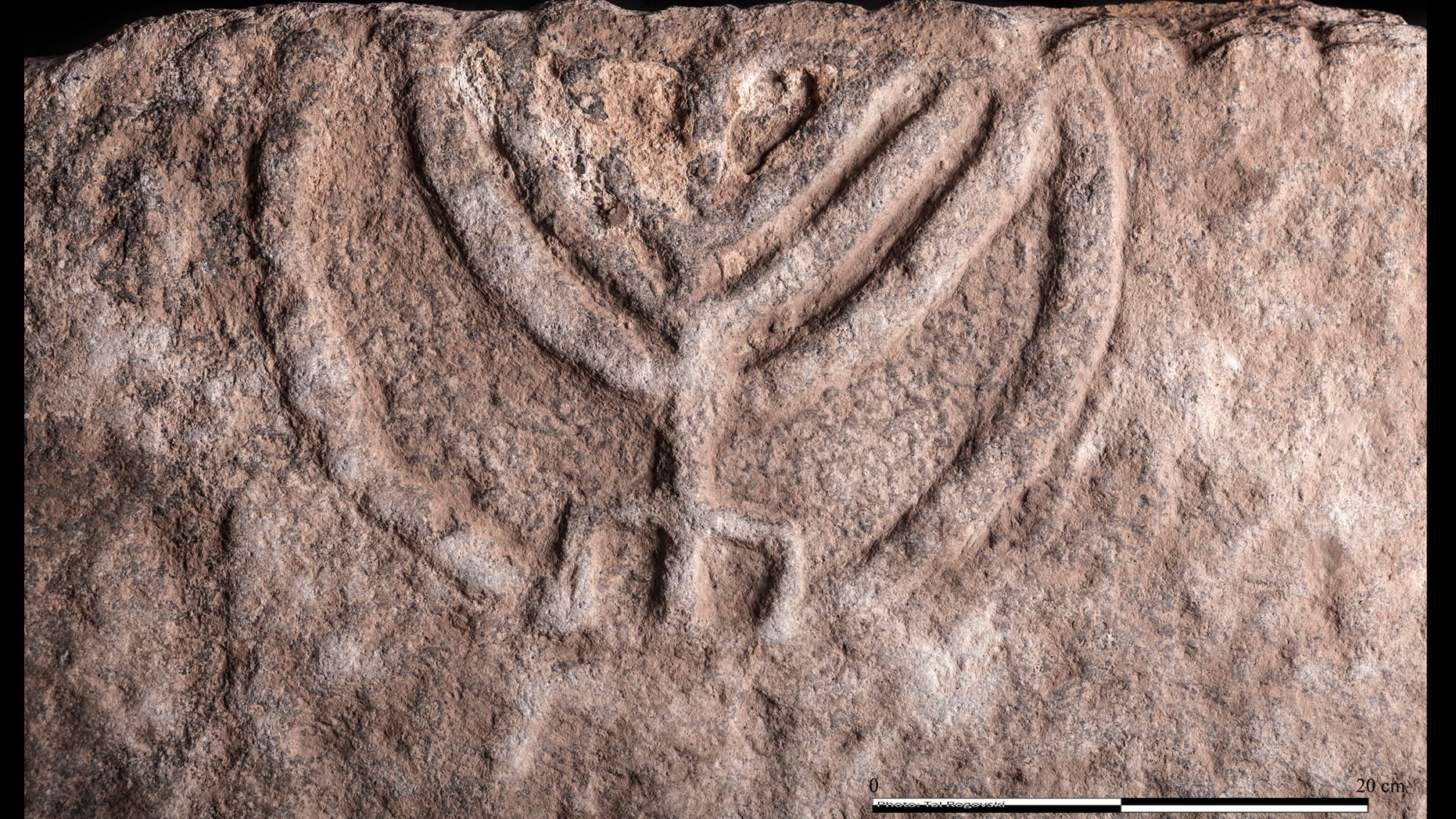 Detail of carved menorah on tomb door.