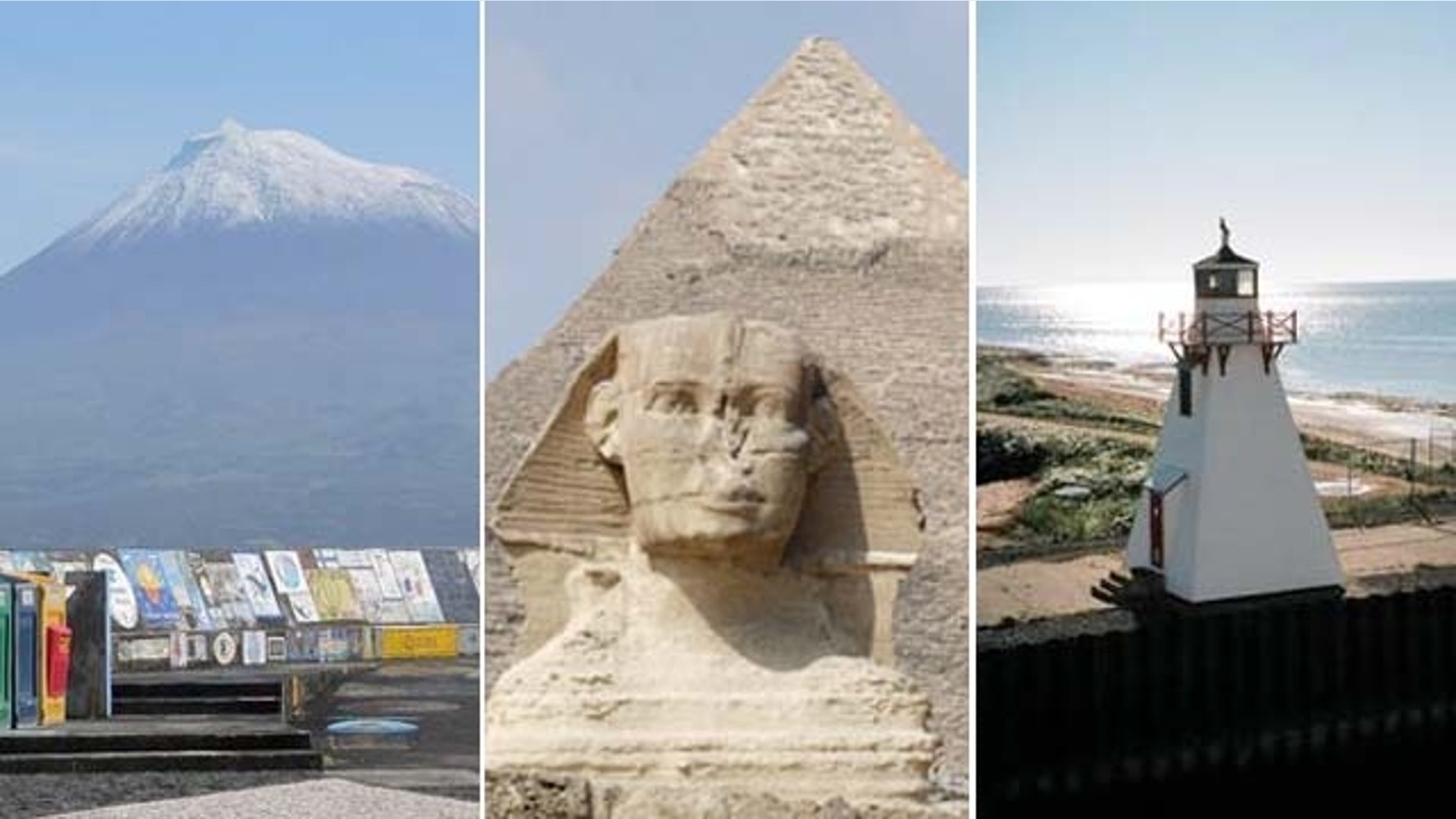 Mount Pico in the archipelago of the Azores, a pyramid and the Sphinx in Egypt and a light house on Prince Edward Island in Canada.