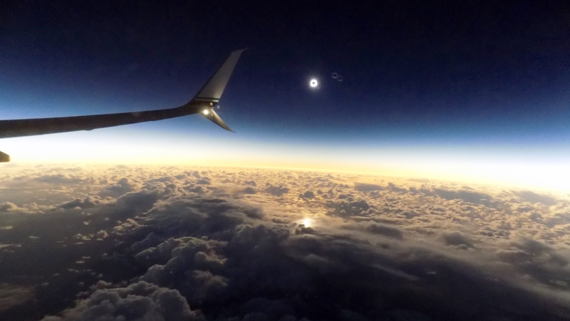 A view of the total solar eclipse of March 8, 2016, as seen by Space.com skywatching columnist Joe Rao and other passengers aboard Alaska Airlines Flight 870 from Alaska to Hawaii. The airline is also offering an eclipse-viewing flight on Aug. 21, 2017.
