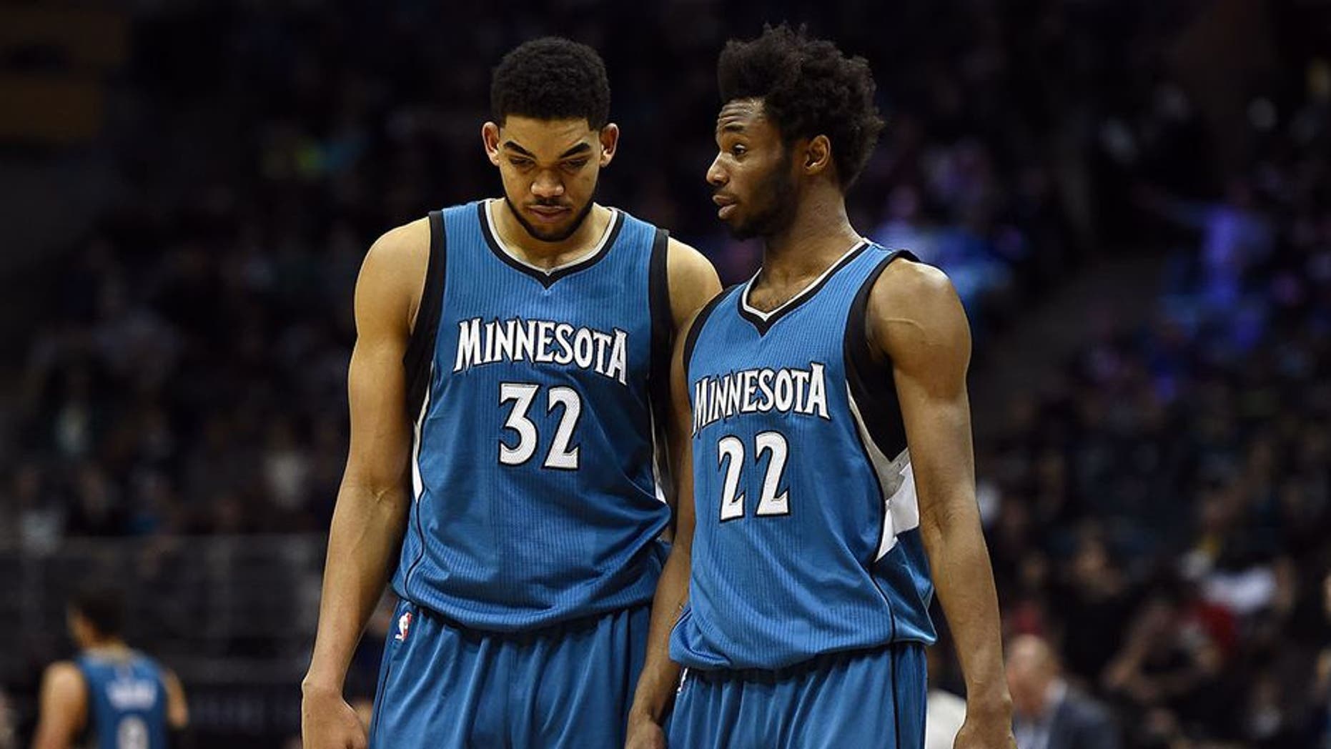 MILWAUKEE, WI - MARCH 11: Karl-Anthony Towns #32 and Andrew Wiggins #22 of the Minnesota Timberwolves walks backcourt during a game against the Milwaukee Bucks at the BMO Harris Bradley Center on March 11, 2017 in Milwaukee, Wisconsin. NOTE TO USER: User expressly acknowledges and agrees that, by downloading and or using this photograph, User is consenting to the terms and conditions of the Getty Images License Agreement. (Photo by Stacy Revere/Getty Images)