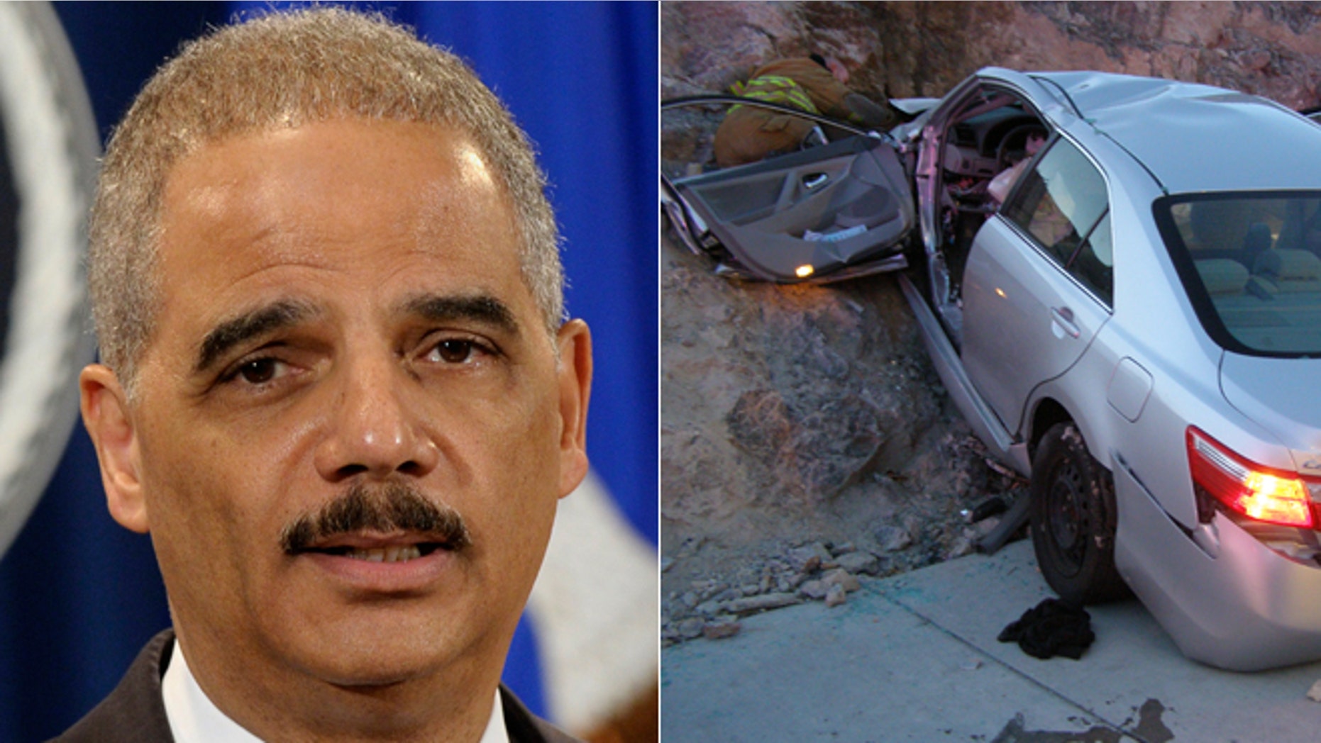 Attorney General Eric Holder, left, announces a $1.2 billion settlement with Toyota over its disclosure of safety problems/Nov. 5, 2010 file photo, right, released by the Utah Highway Patrol, a Toyota Camry is shown after it crashed as it exited Interstate 80 in Wendover, Utah. Police suspect problems with the Camry's accelerator or floor mat caused the crash that left two people dead and two others injured.