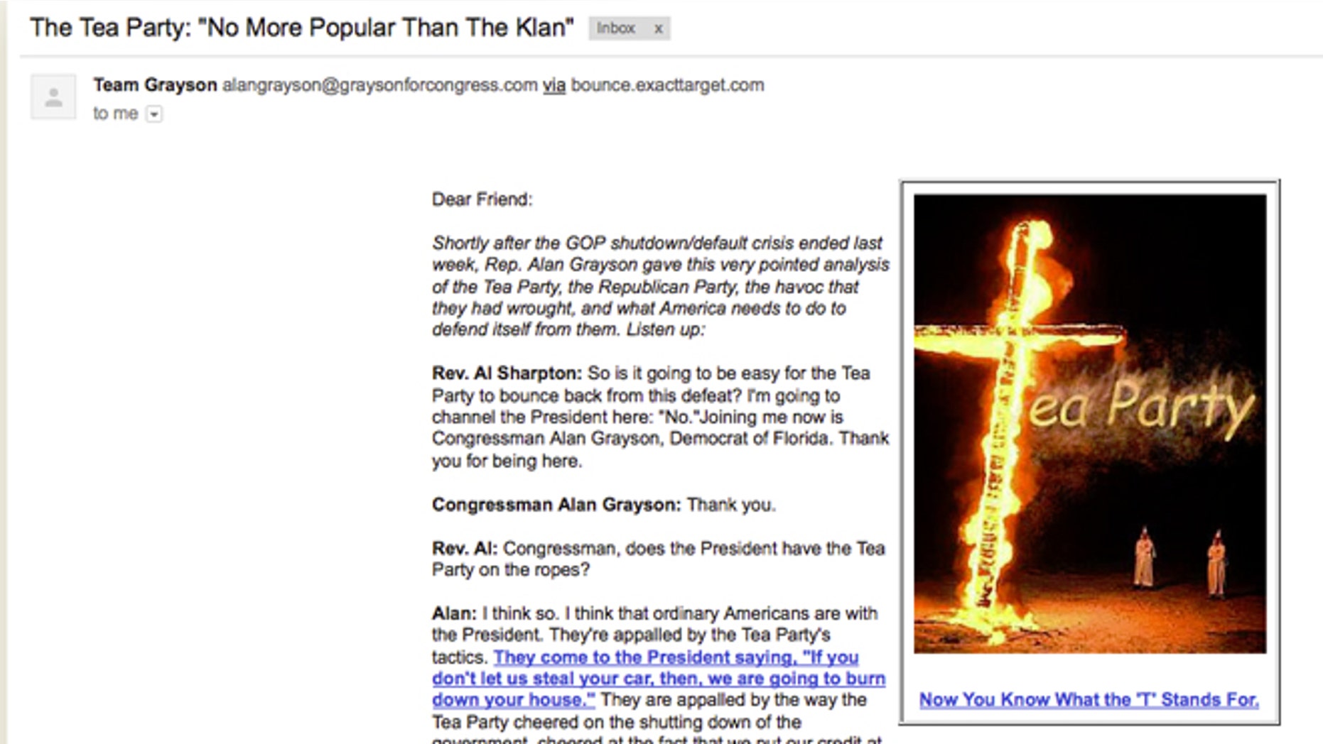 Shown here is an image from an email sent from Rep. Alan Grayson's campaign.