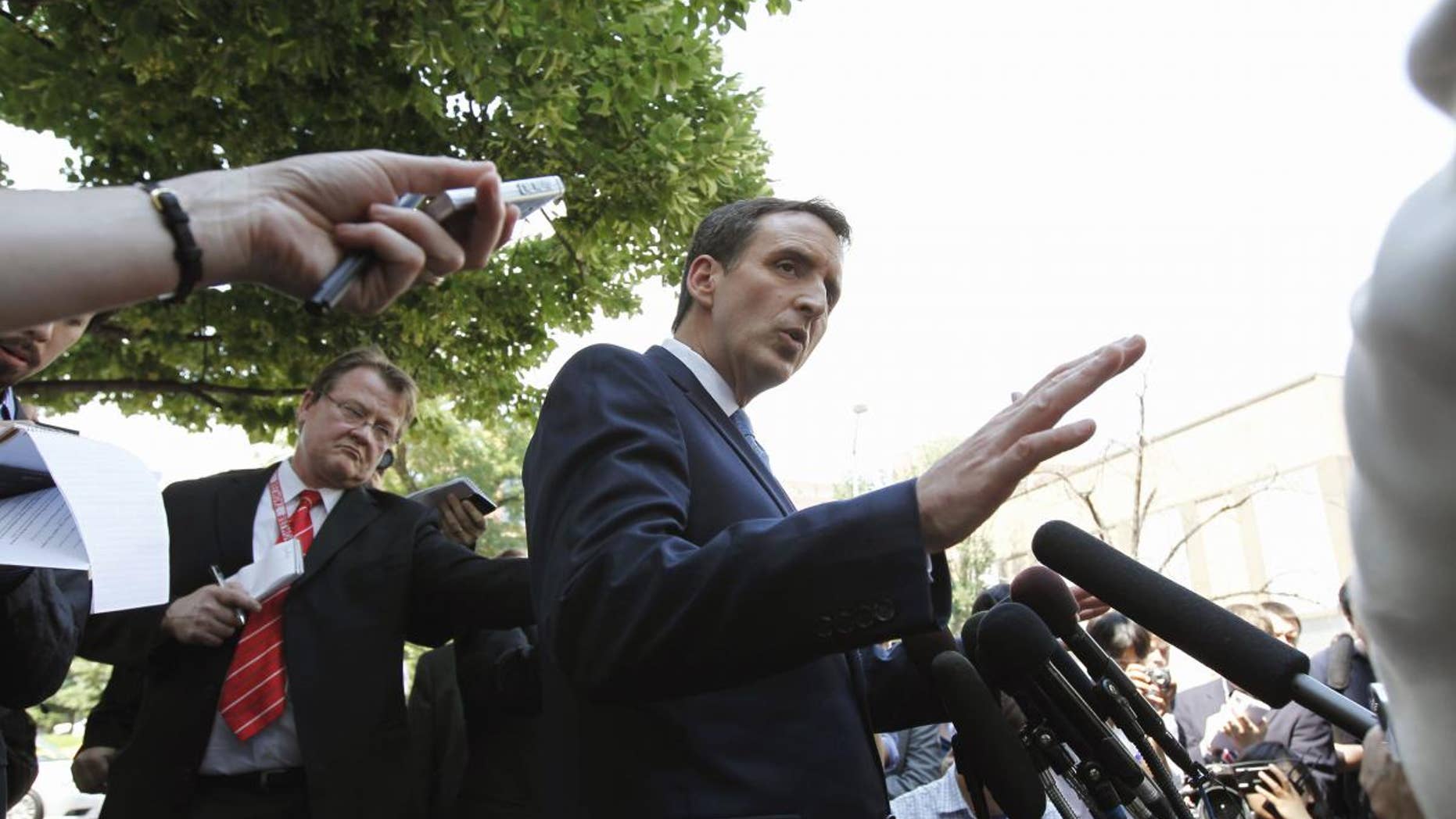 Republican presidential hopeful, former Minnesota Gov. Tim Pawlenty speaks to the media in front of the Cato Institute in Washington, Wednesday, May 25, 2011. (AP Photo/Alex Brandon)
