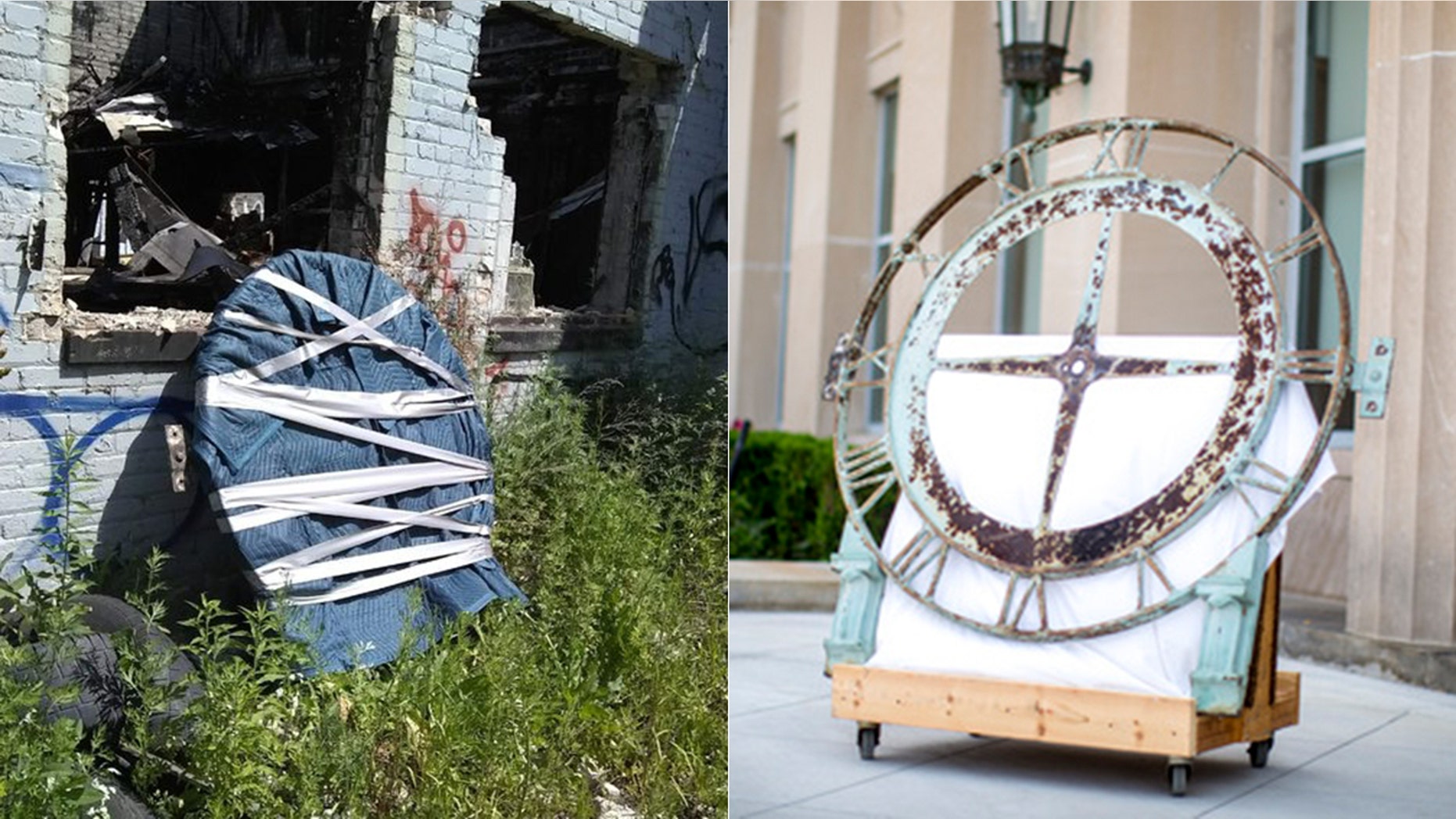The clock was found by two Ford employees wrapped in moving blankets and gently leaning against a decrepit building.