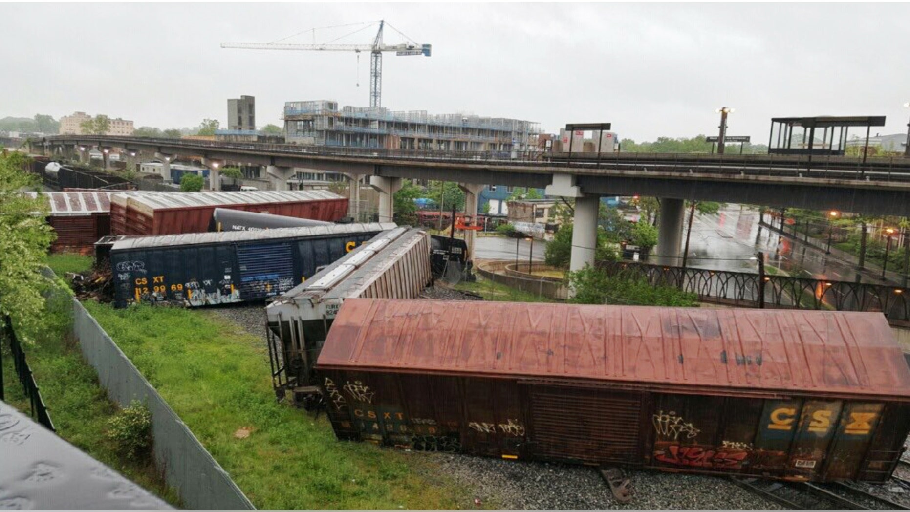 May 1, 2016: Several cars remain overturned after a CSX freight train derailed in Washington. (DC Fire and EMS via AP)
