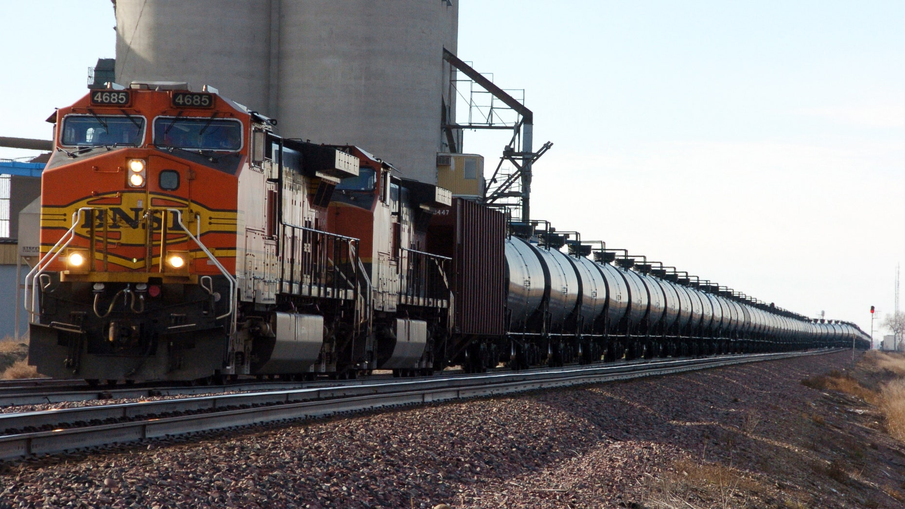 Railway train hauling crude oil near Wolf Point, Mont.